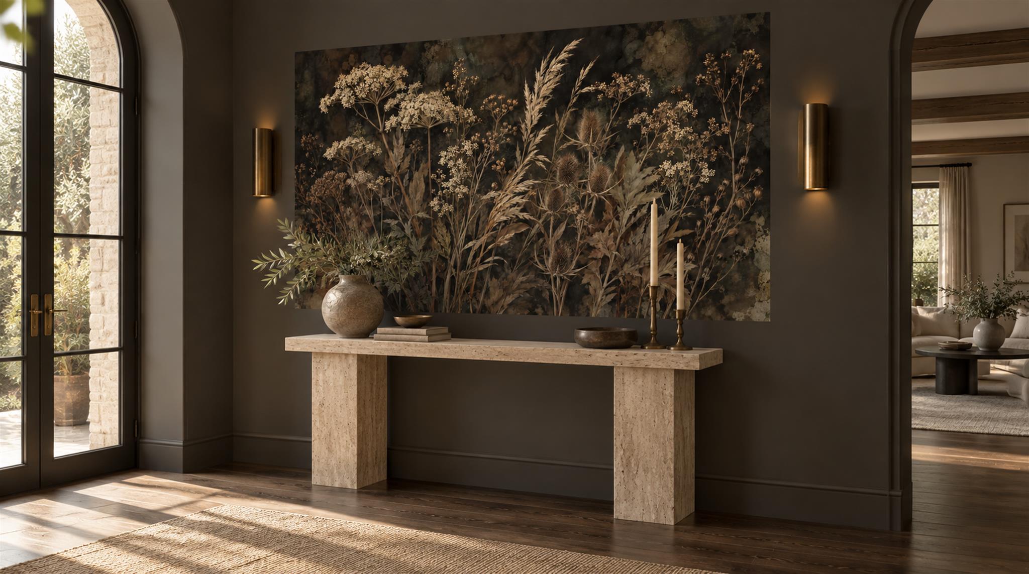 Brown And Neutral Leaf Patterning Wallpaper Mural Entryway-wallpaper-murals, Peel-and-stick Finish
