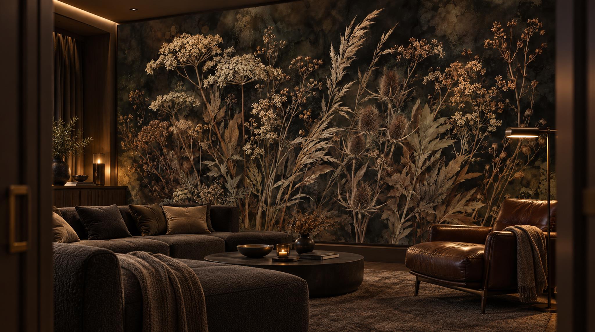 Brown And Neutral Leaf Patterning Wallpaper Mural Library-wallpaper-murals, Peel-and-stick Finish