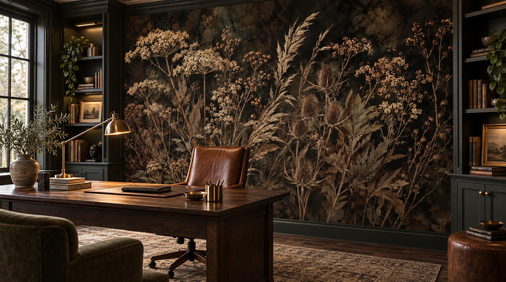 Brown And Neutral Leaf Patterning Wallpaper Mural Library-wallpaper-murals, Peel-and-stick Finish