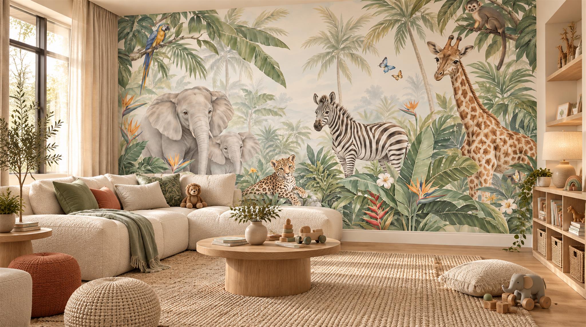 Ivory And Neutral Abstract Forms Safari Wallpaper Mural Living-room-wallpaper-murals, Shown In A Living Room, Peel-and-stick Finish