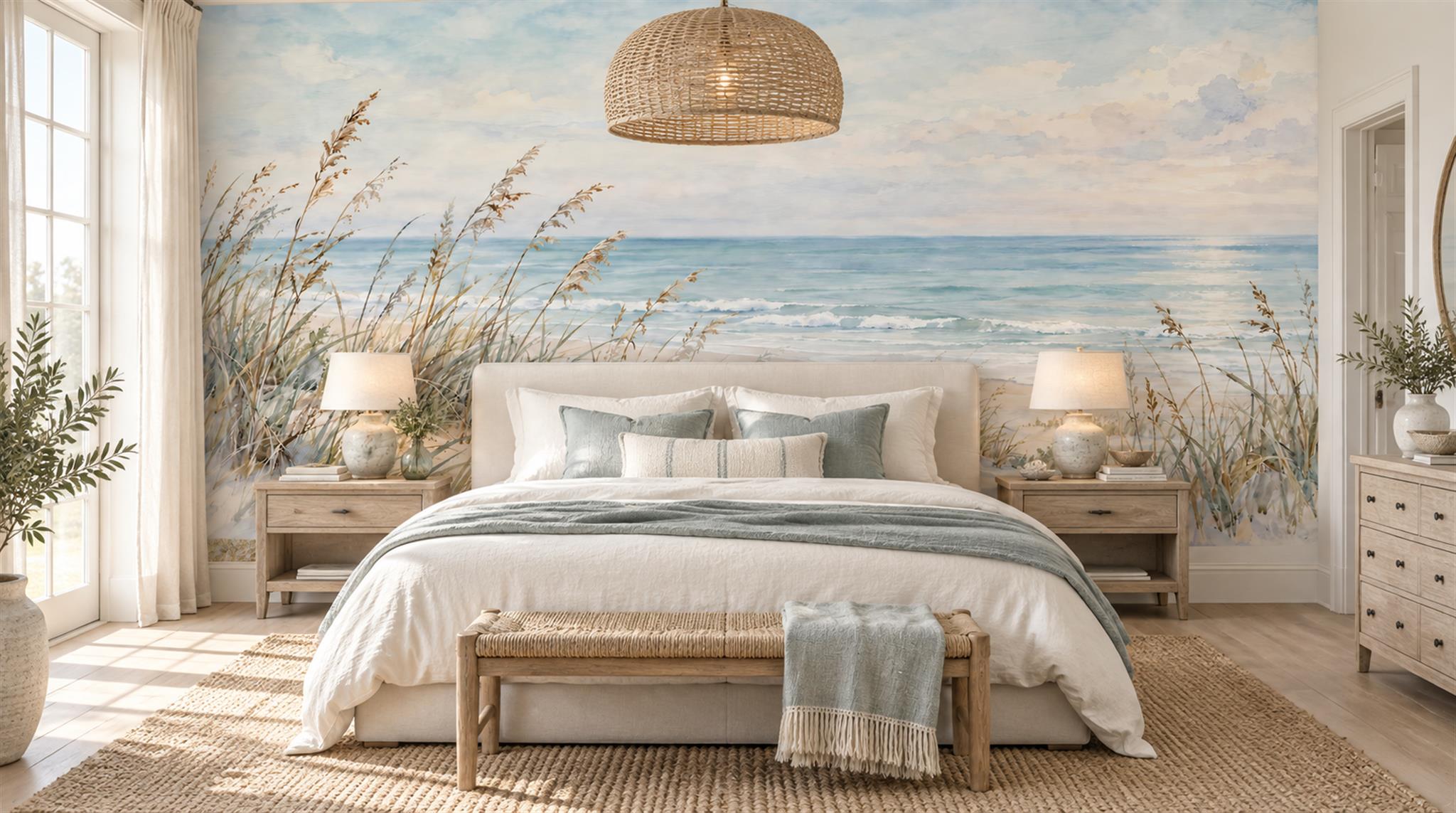 Coastal Dune Grass And Sea Wallpaper Mural — Installed Wallpaper Mural In A Bedroom, Peel-and-stick Finish