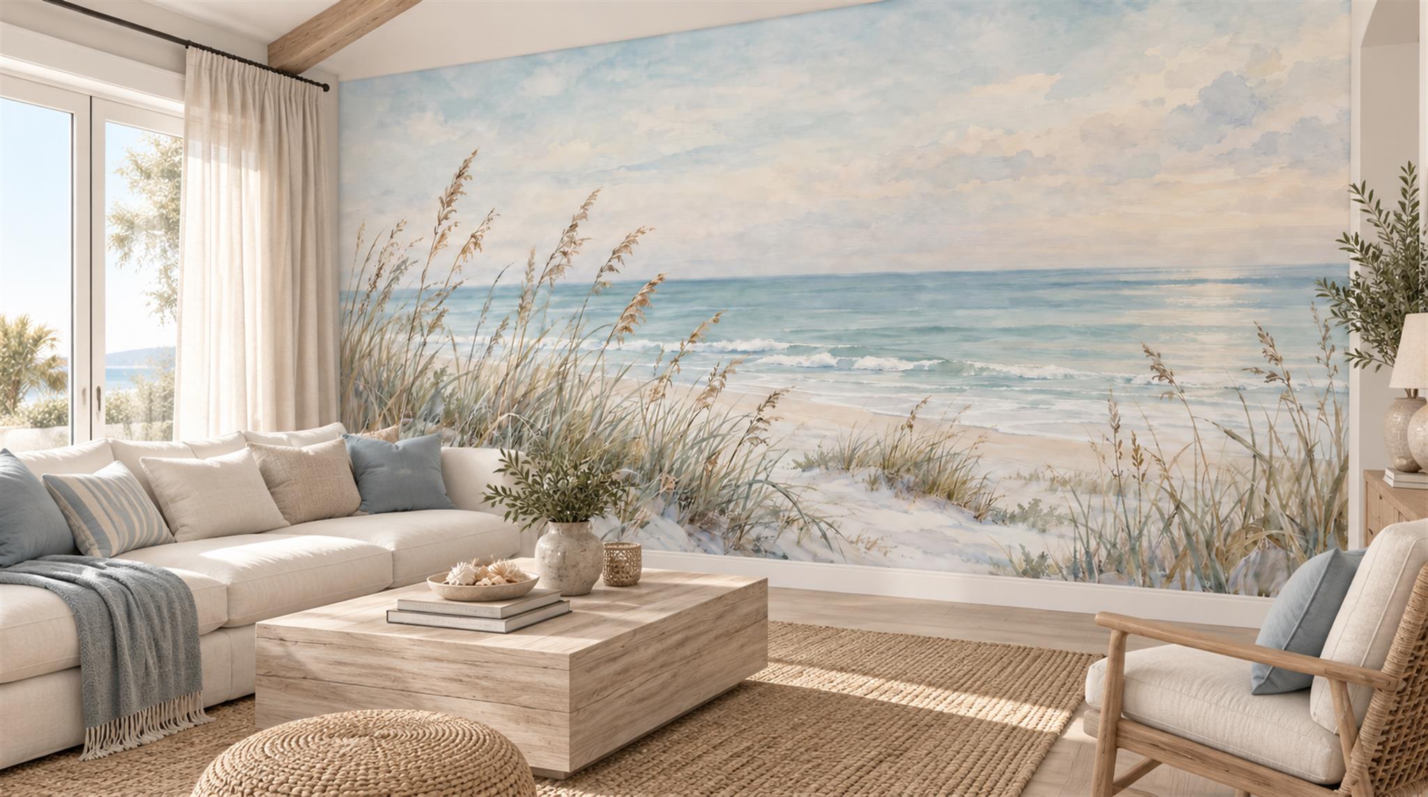 Ivory And Neutral A Coastal Scene Wallpaper Mural Living-room-wallpaper-murals, Shown In A Living Room, Peel-and-stick Finish
