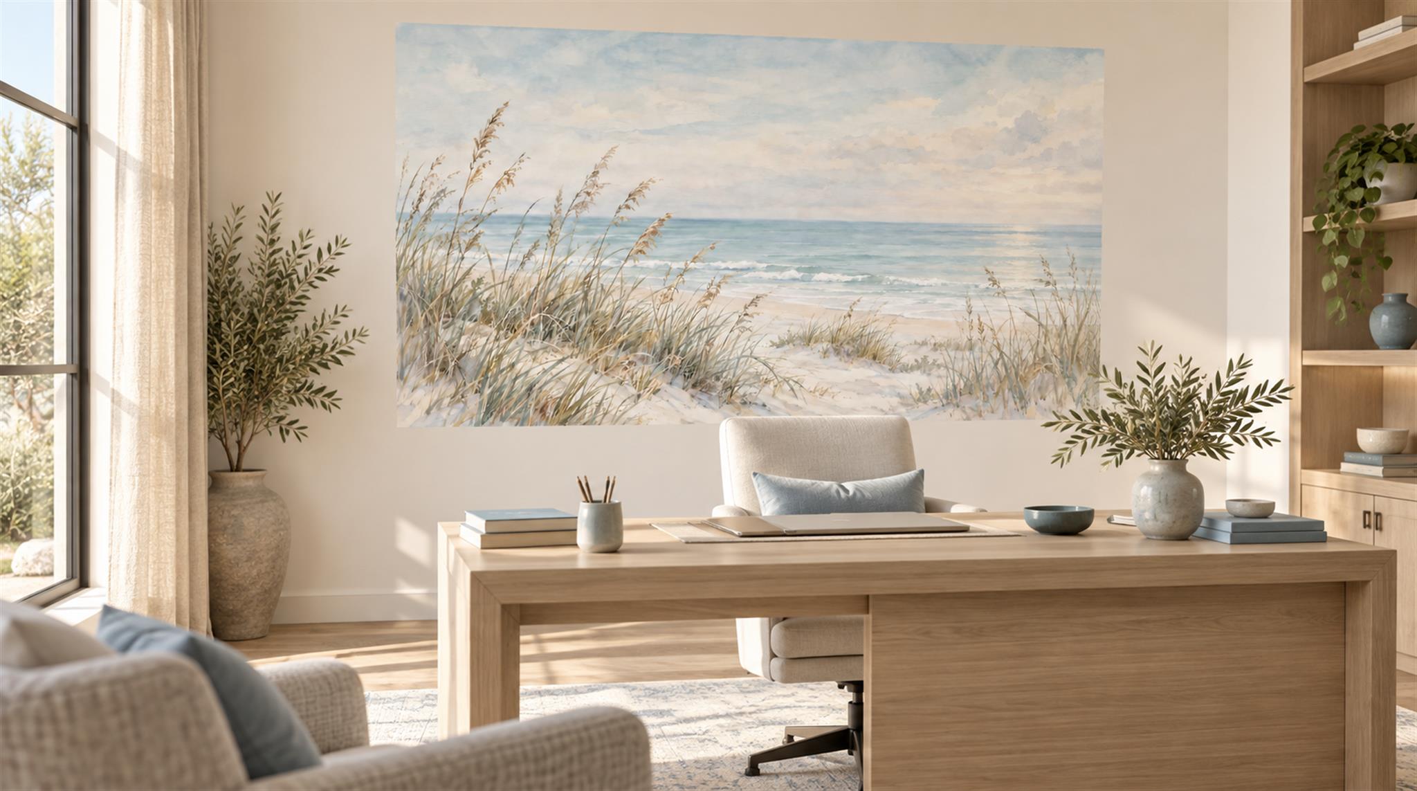 Ivory And Neutral A Coastal Scene Wallpaper Mural Office-wallpaper-murals, Shown In A Home Office, Peel-and-stick Finish