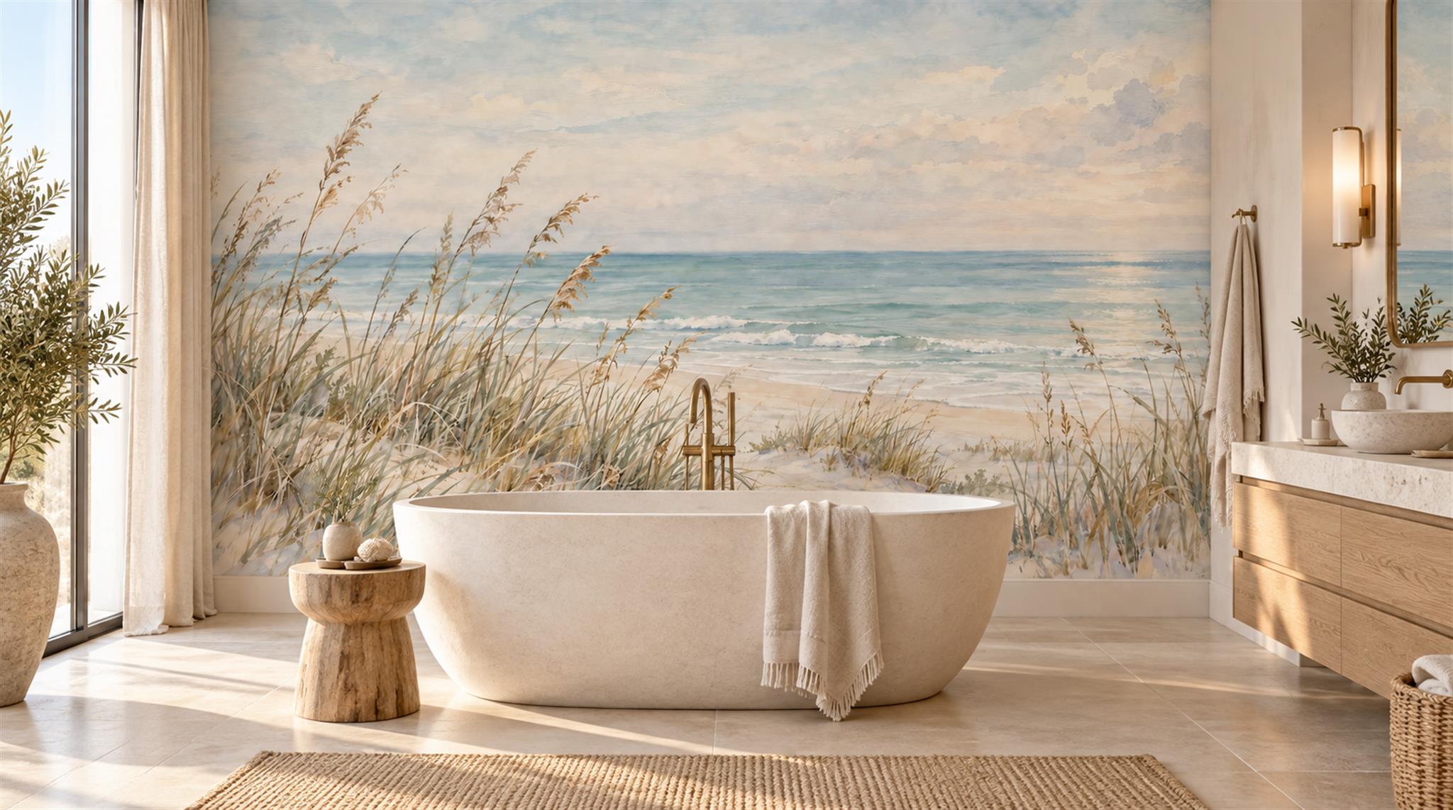 Ivory And Neutral A Coastal Scene Wallpaper Mural Bedroom-wallpaper-murals, Peel-and-stick Finish