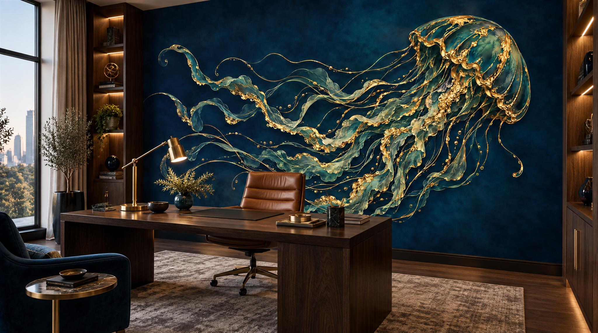 Red And Navy Abstract Forms Wallpaper Mural Office-wallpaper-murals, Shown In A Home Office, Peel-and-stick Finish