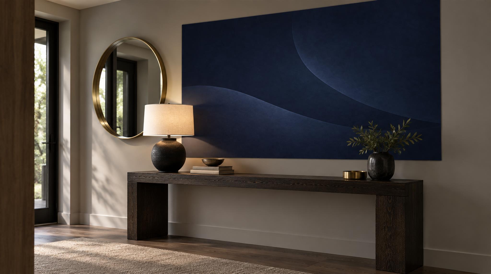 Navy And Neutral Abstract Forms Wallpaper Mural Entryway-wallpaper-murals, Peel-and-stick Finish