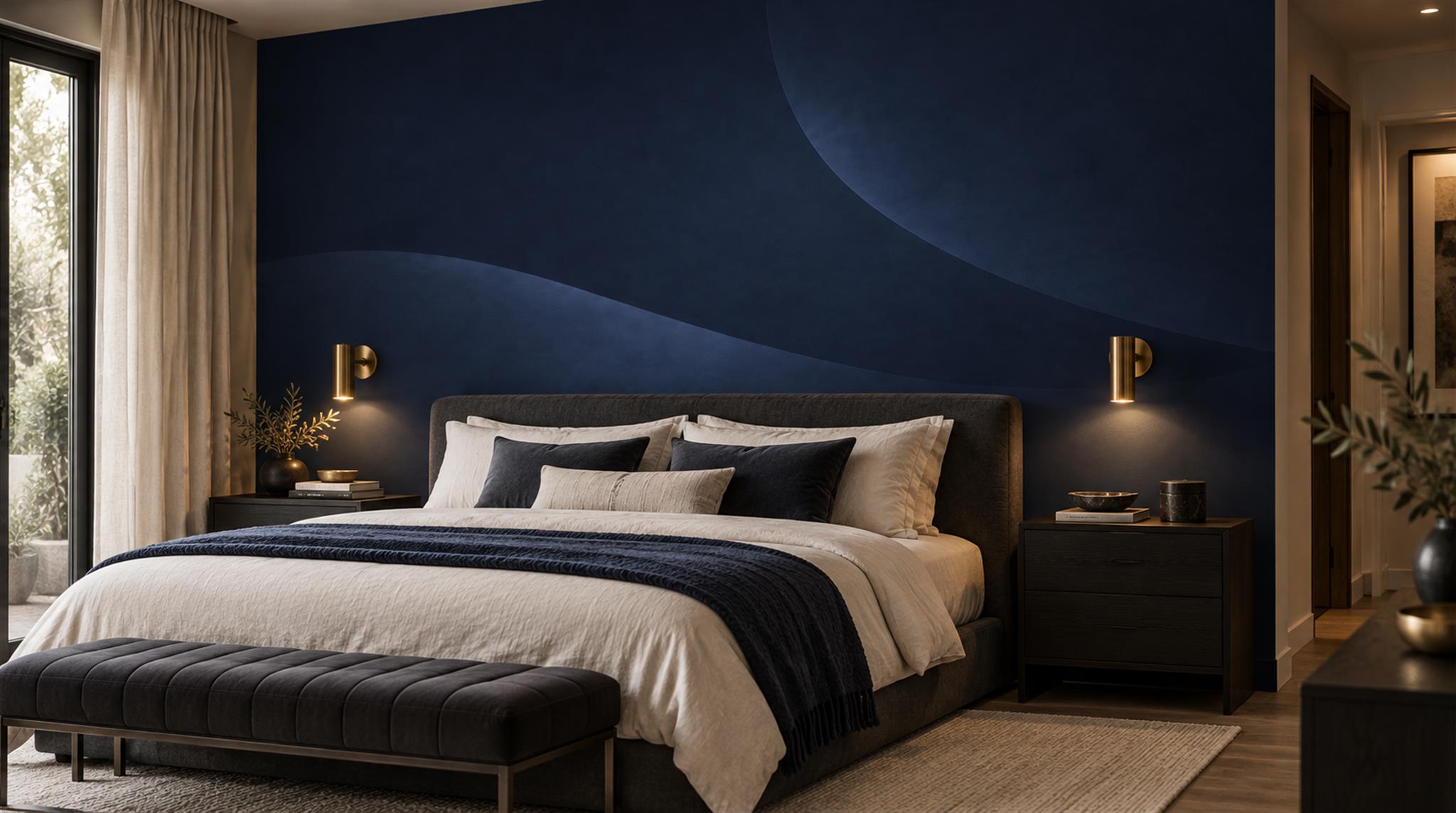 Navy And Neutral Abstract Forms Wallpaper Mural Bedroom-wallpaper-murals, Peel-and-stick Finish