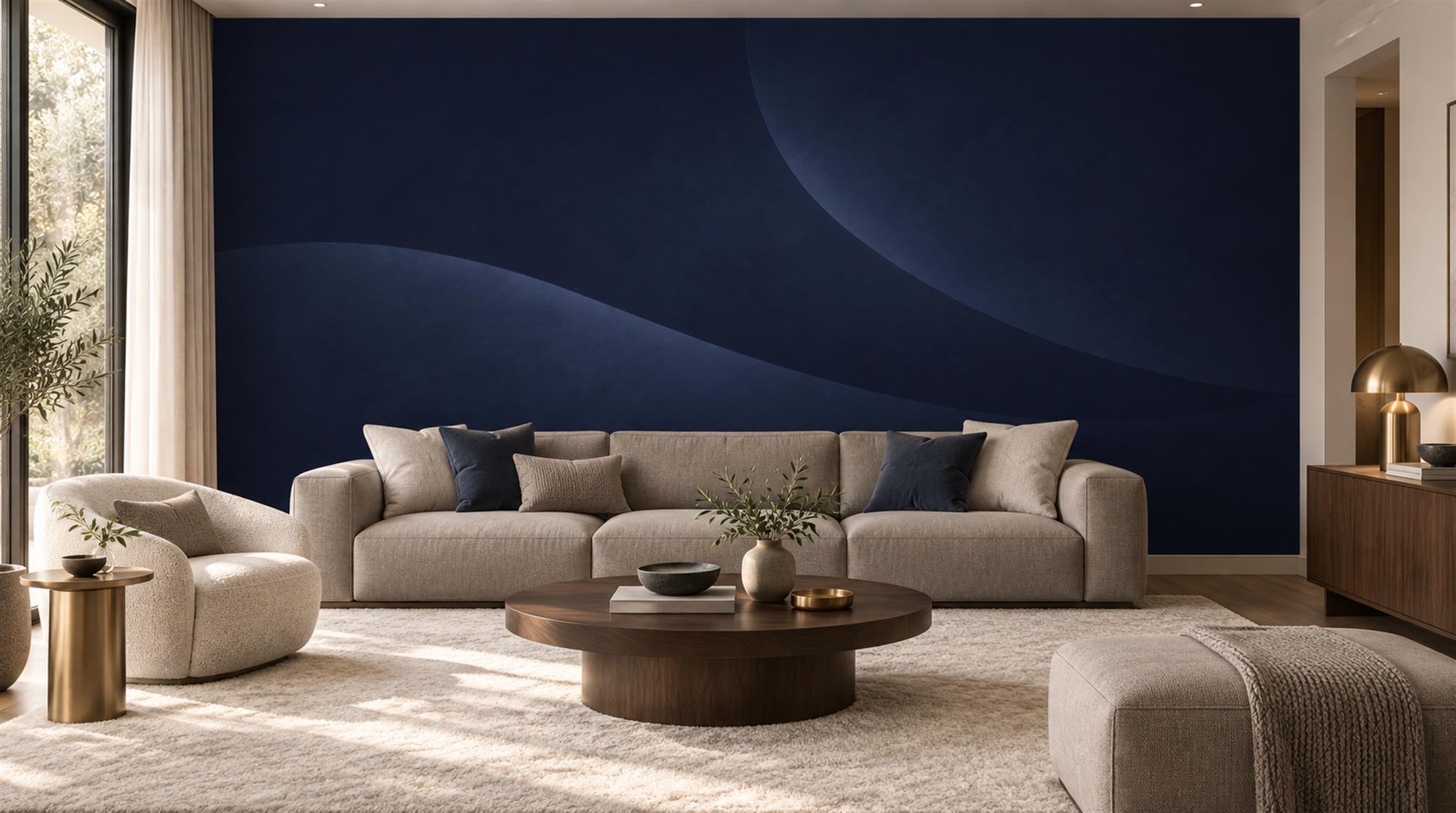 Navy And Neutral Abstract Forms Wallpaper Mural Living-room-wallpaper-murals, Peel-and-stick Finish