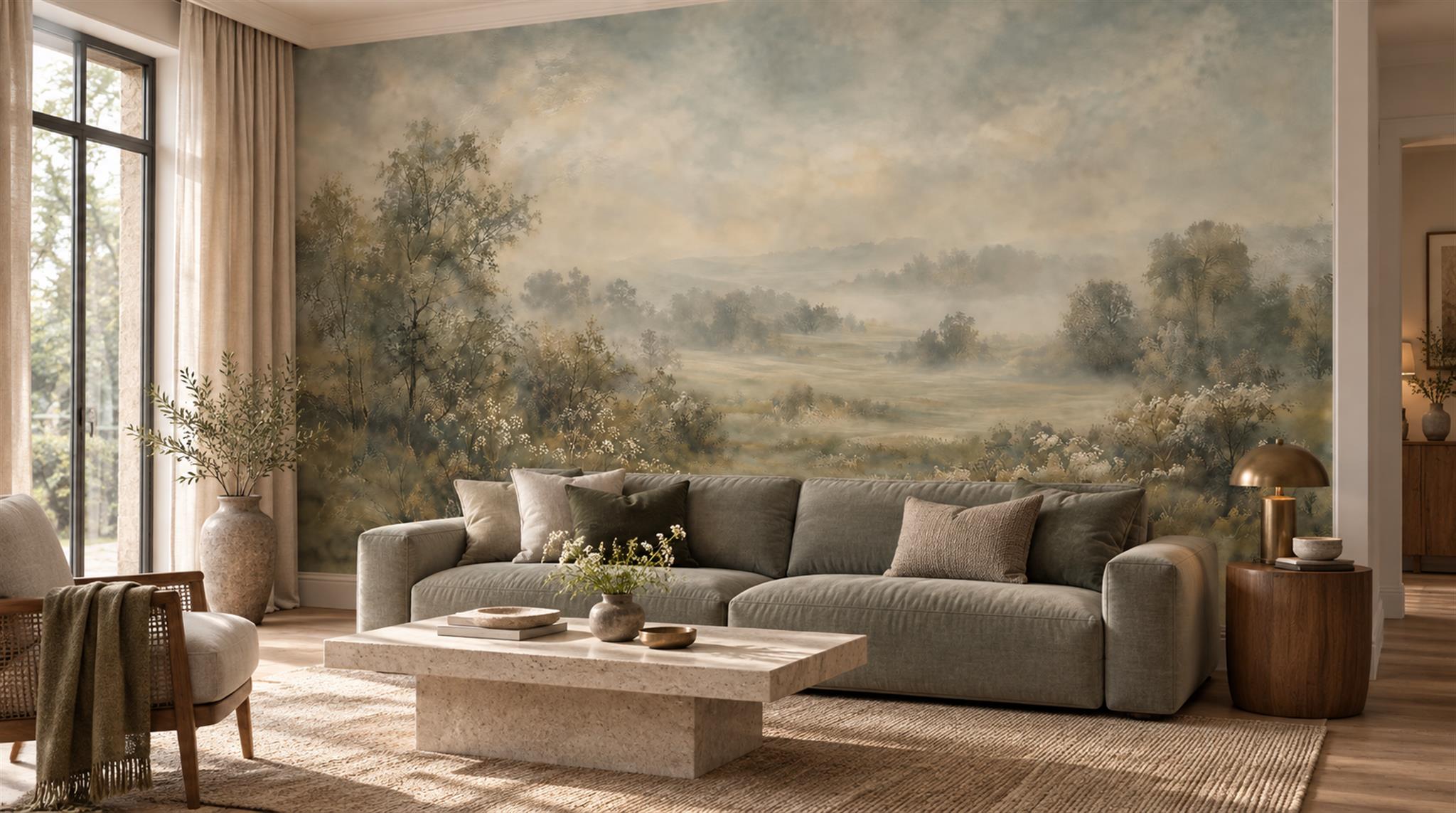 Red And Sage Green A Painterly Scenic Painterly Wallpaper Living-room-wallpaper-murals, Shown In A Living Room, Peel-and-stick Finish