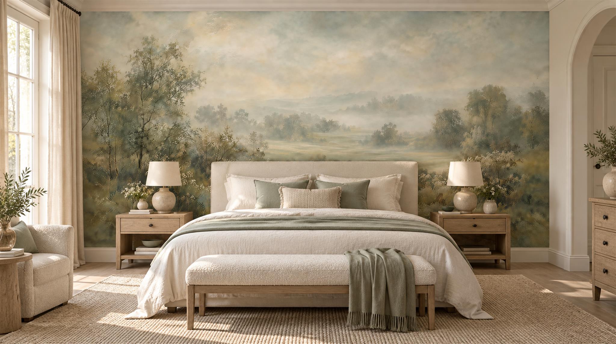 Red And Sage Green A Painterly Scenic Painterly Wallpaper Bedroom-wallpaper-murals, Peel-and-stick Finish