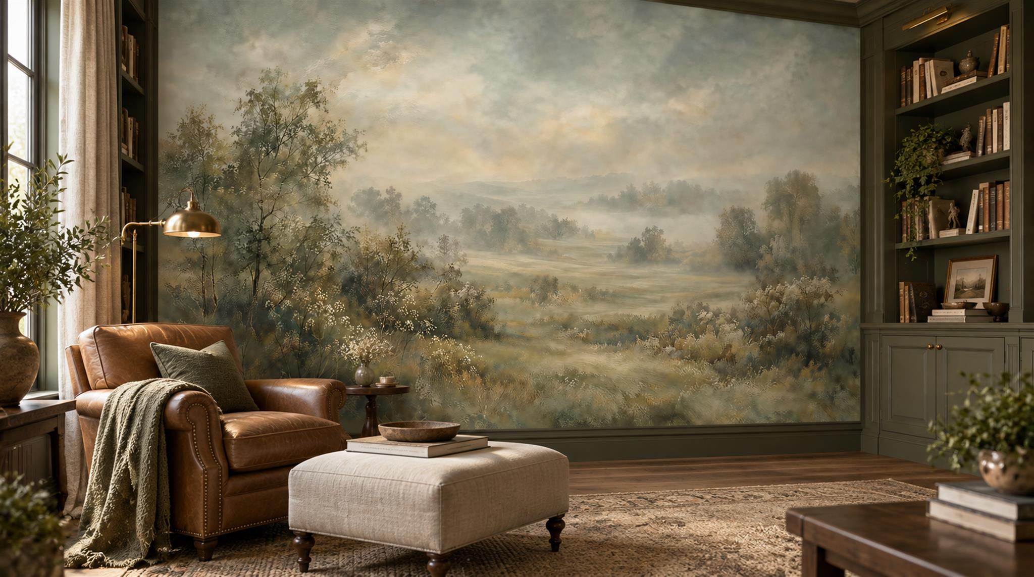 Misty Olive Green Meadow And Woodland Wallpaper Mural — Wallpaper Mural Design, Peel-and-stick Finish