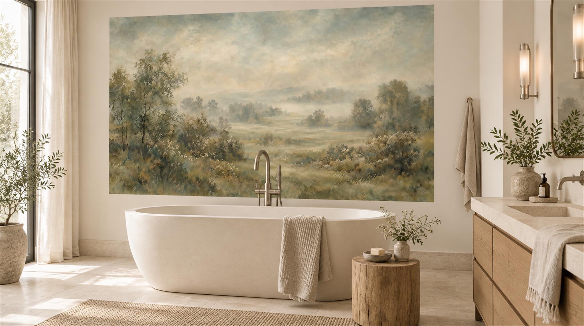 Red And Sage Green A Painterly Scenic Painterly Wallpaper Bathroom-wallpaper-murals, Peel-and-stick Finish
