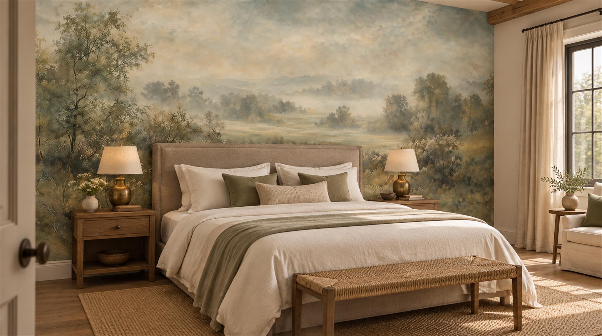 Red And Sage Green A Painterly Scenic Painterly Wallpaper Accent-wall-wallpaper-murals, Peel-and-stick Finish