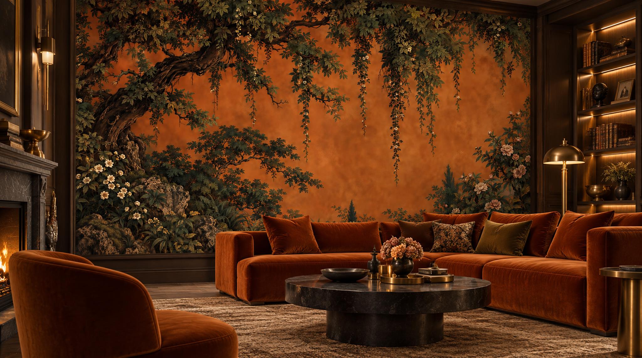 Red And Neutral Abstract Forms Layered Wallpaper Mural Accent-wall-wallpaper-murals, Peel-and-stick Finish