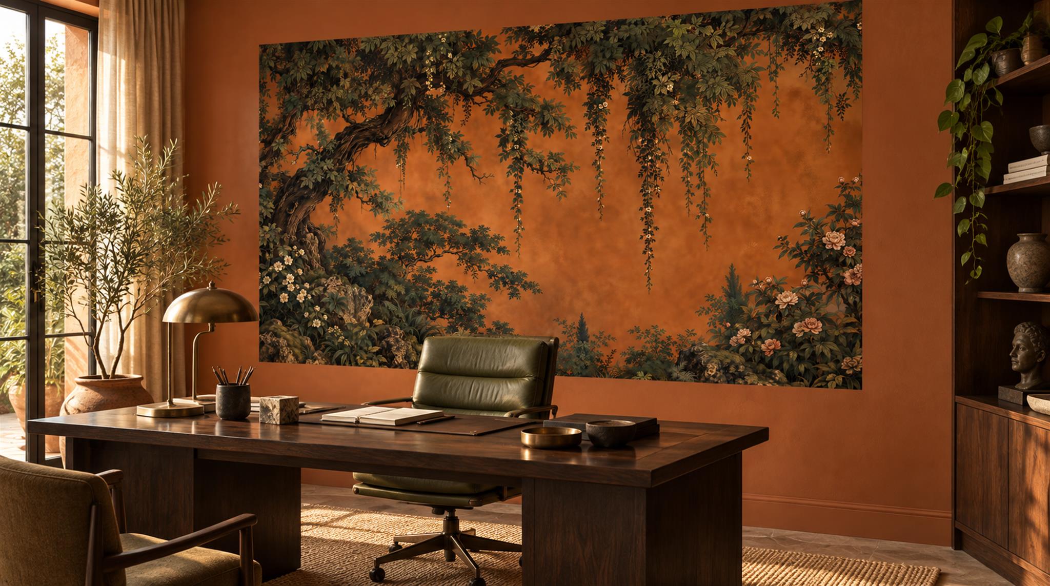 Red And Neutral Abstract Forms Layered Wallpaper Mural Office-wallpaper-murals, Shown In A Home Office, Peel-and-stick Finish
