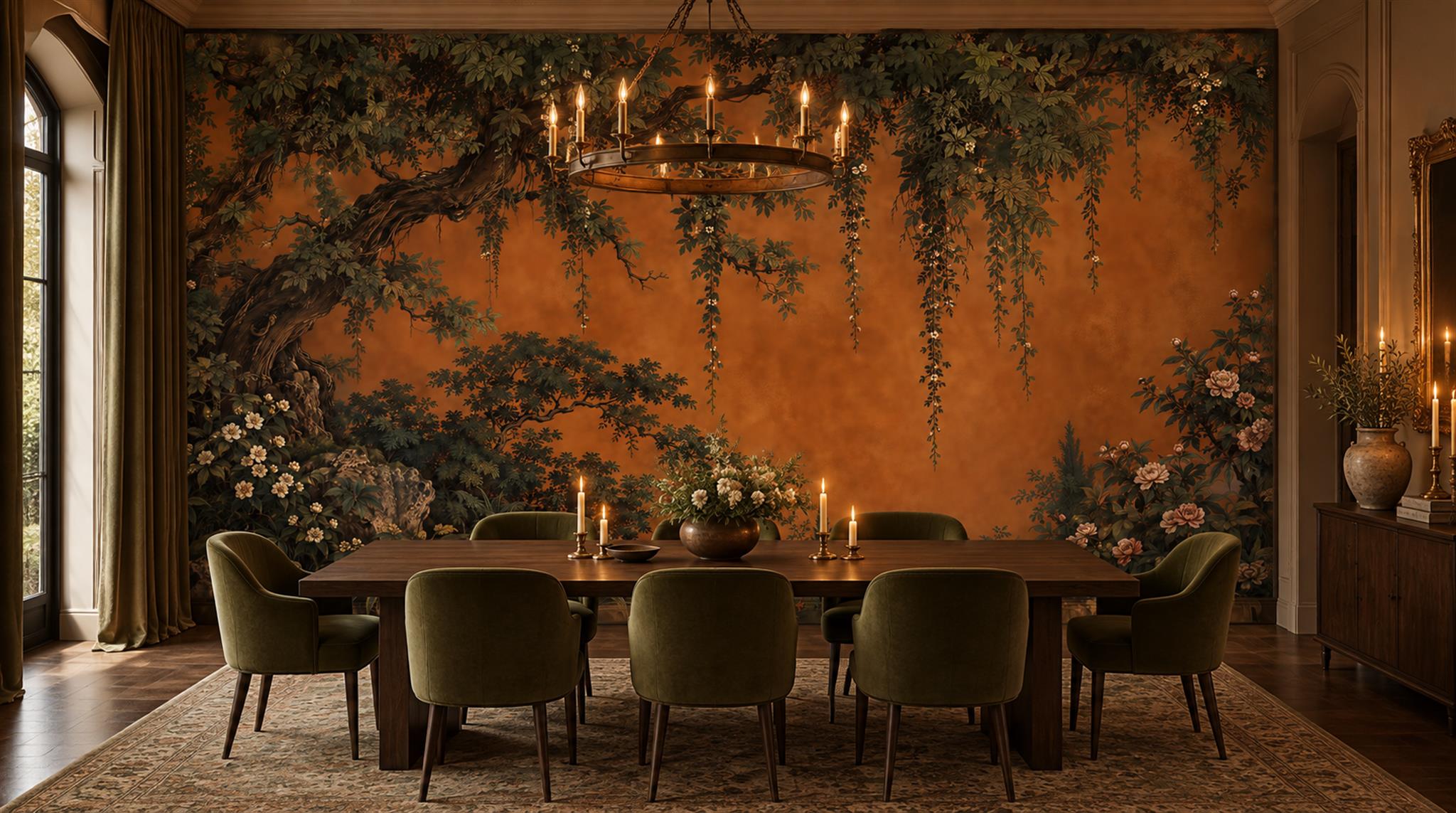 Red And Neutral Abstract Forms Layered Wallpaper Mural Dining-room-wallpaper-murals, Shown In A Dining Room, Peel-and-stick Finish