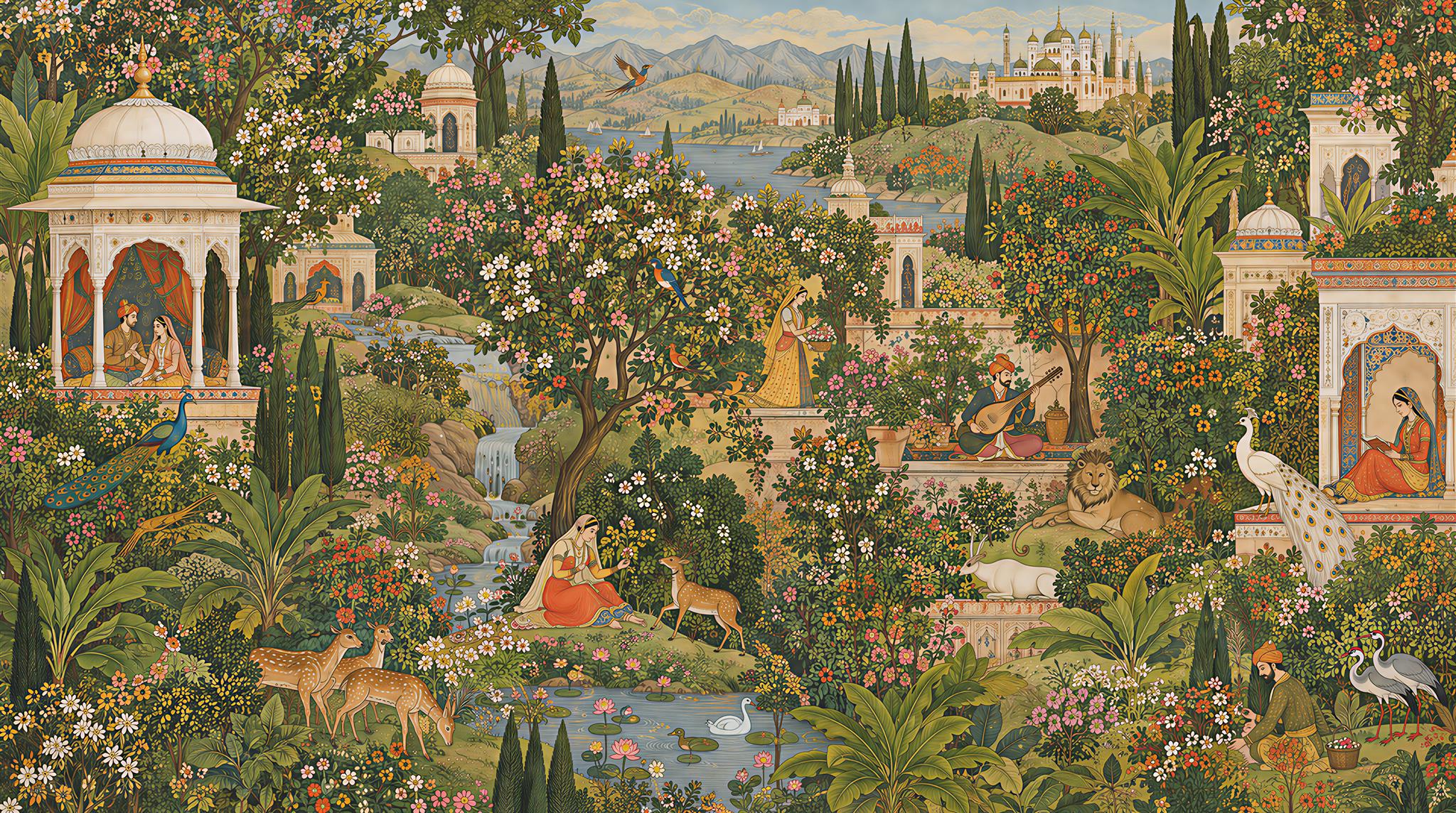 Palace Garden With Deer And Peacocks Wallpaper Mural — Wallpaper Mural Design, Peel-and-stick Finish