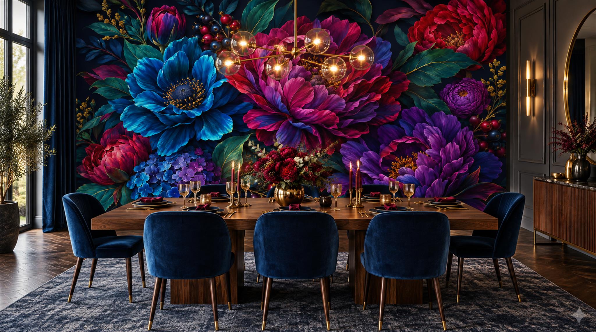 Navy And Neutral Abstract Forms Decorative Wallpaper Mural Dining-room-wallpaper-murals, Shown In A Dining Room, Peel-and-stick Finish
