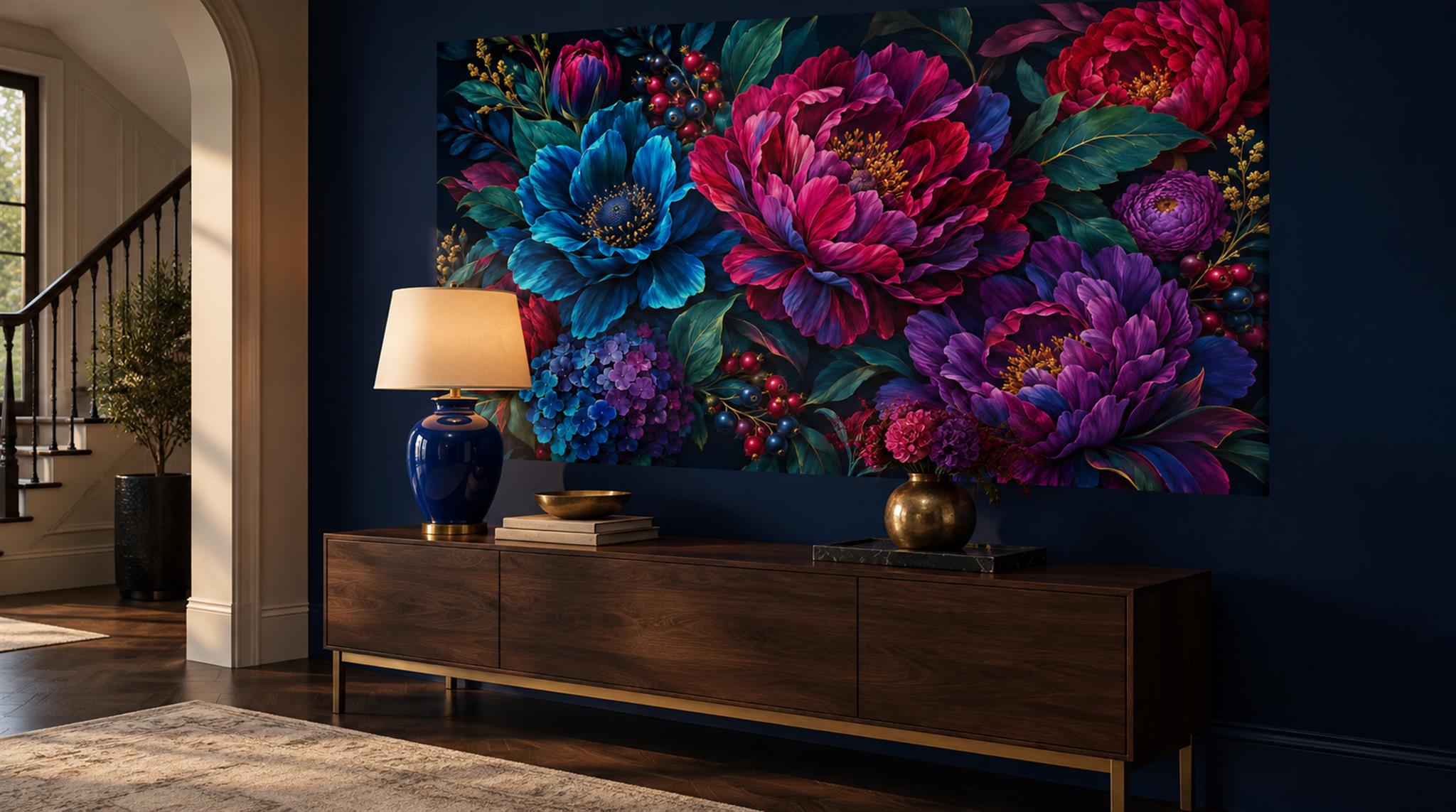 Navy And Neutral Abstract Forms Decorative Wallpaper Mural Entryway-wallpaper-murals, Peel-and-stick Finish