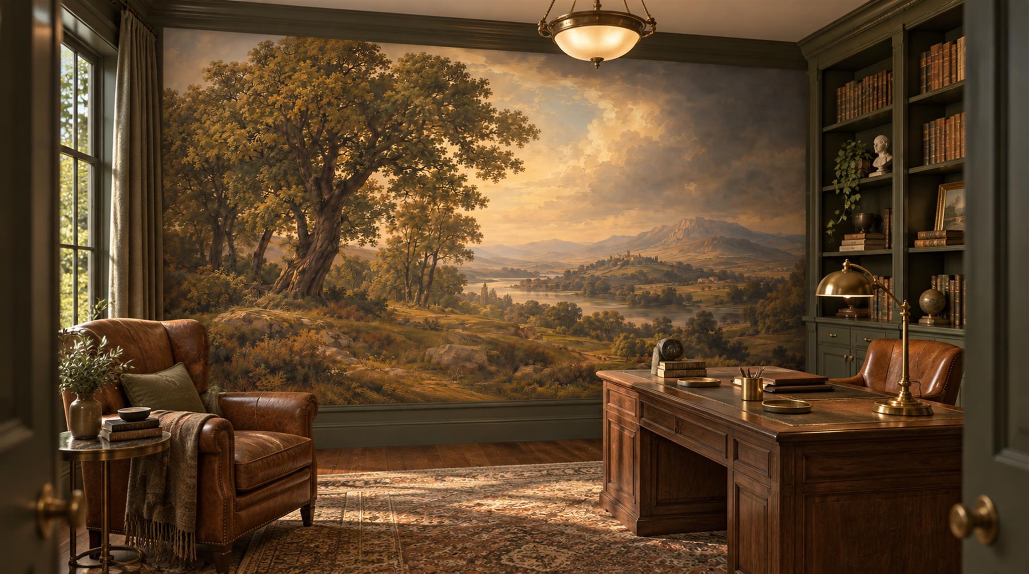 Neutral A Painterly Scenic View Decorative Wallpaper Mural Library-wallpaper-murals, Peel-and-stick Finish