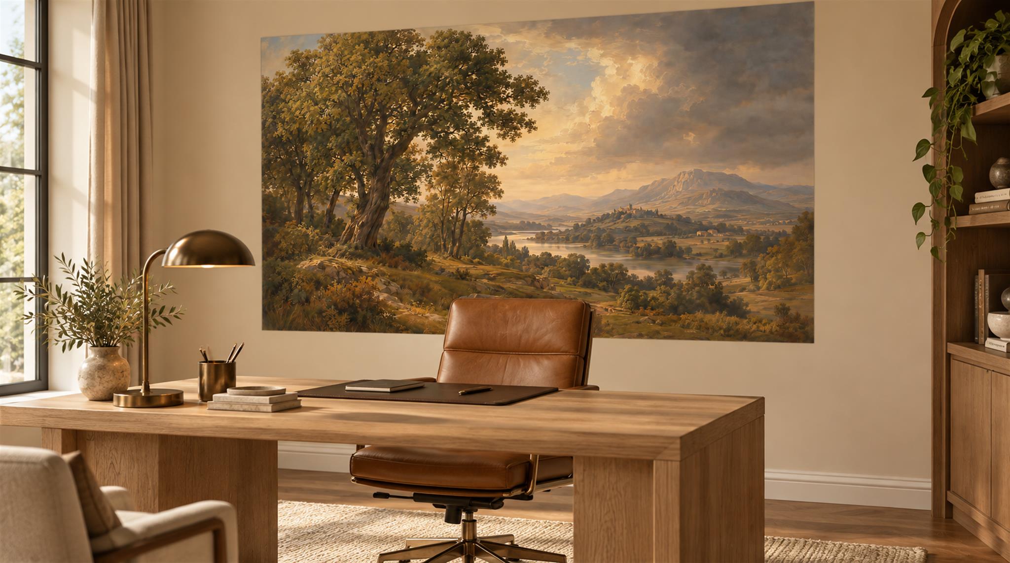 Neutral A Painterly Scenic View Decorative Wallpaper Mural Office-wallpaper-murals, Shown In A Home Office, Peel-and-stick Finish