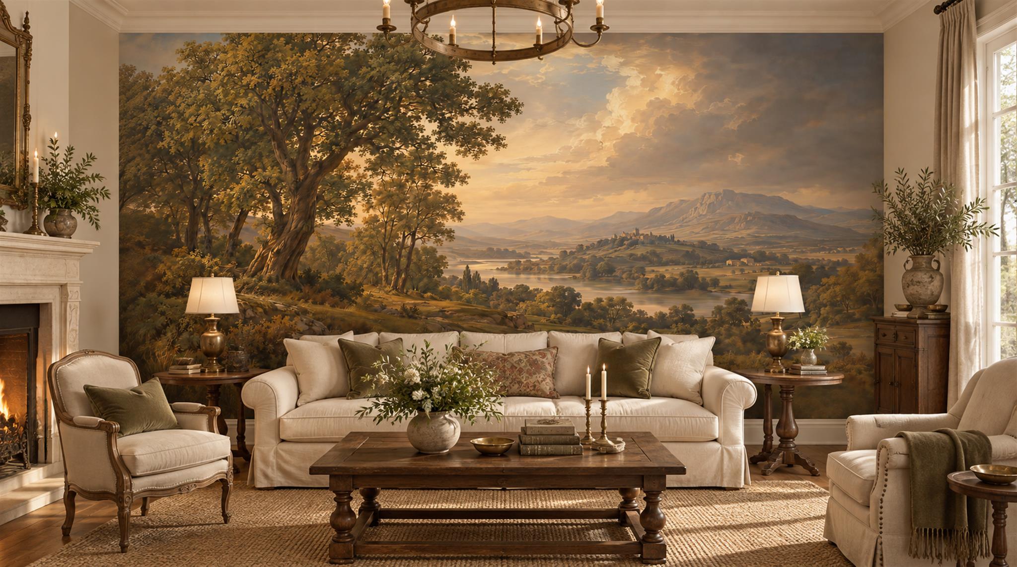 Neutral A Painterly Scenic View Decorative Wallpaper Mural Living-room-wallpaper-murals, Shown In A Living Room, Peel-and-stick Finish