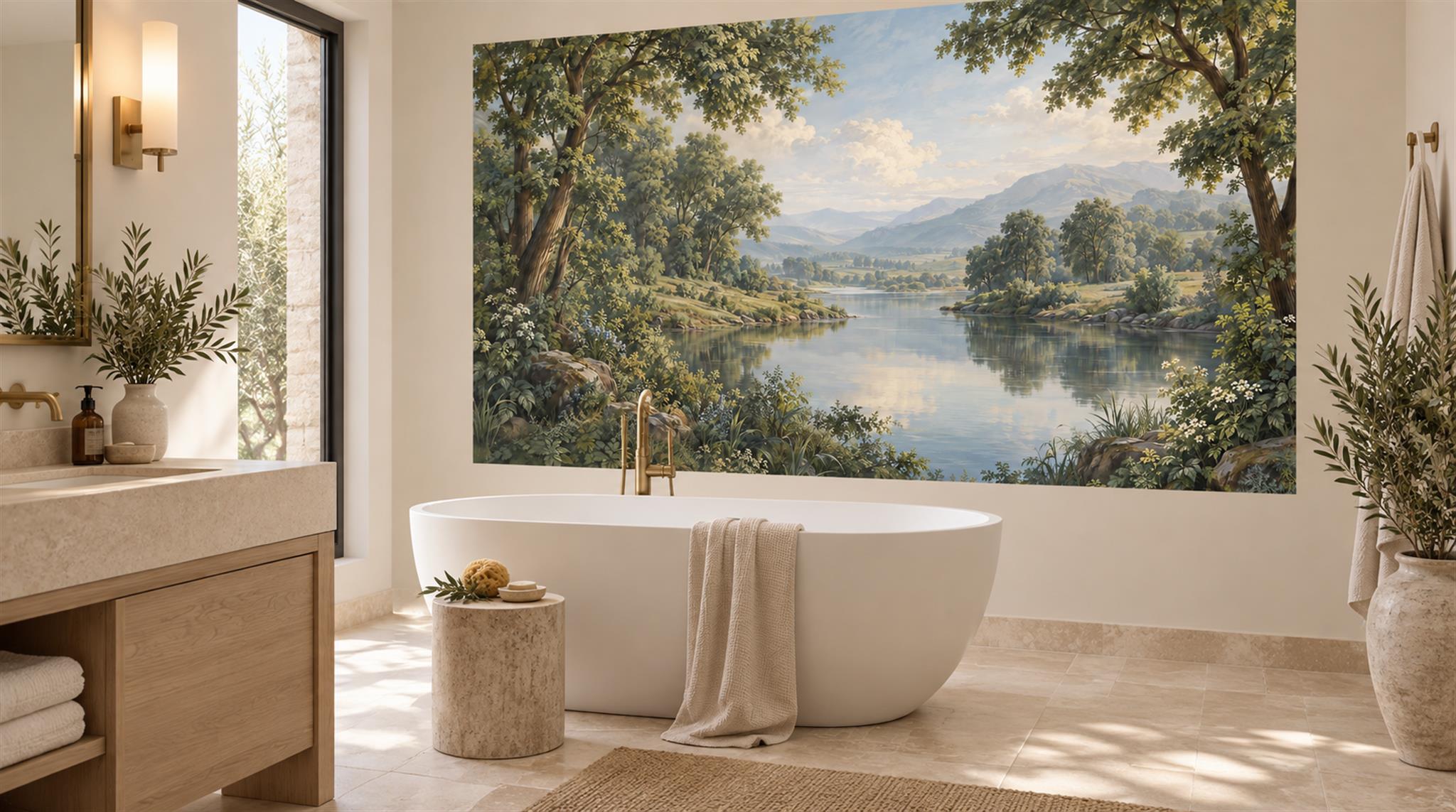 Green And Neutral A Lakeside View Wallpaper Mural Bathroom-wallpaper-murals, Peel-and-stick Finish