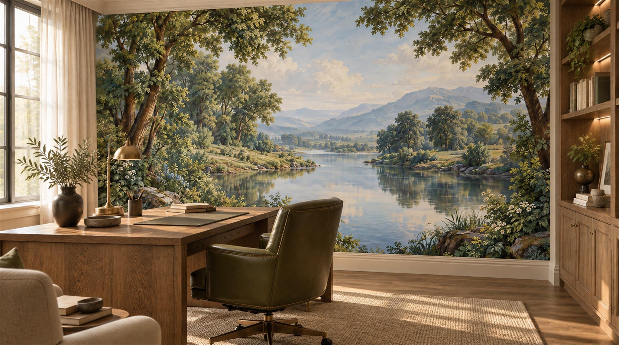 Green And Neutral A Lakeside View Wallpaper Mural Office-wallpaper-murals, Shown In A Home Office, Peel-and-stick Finish
