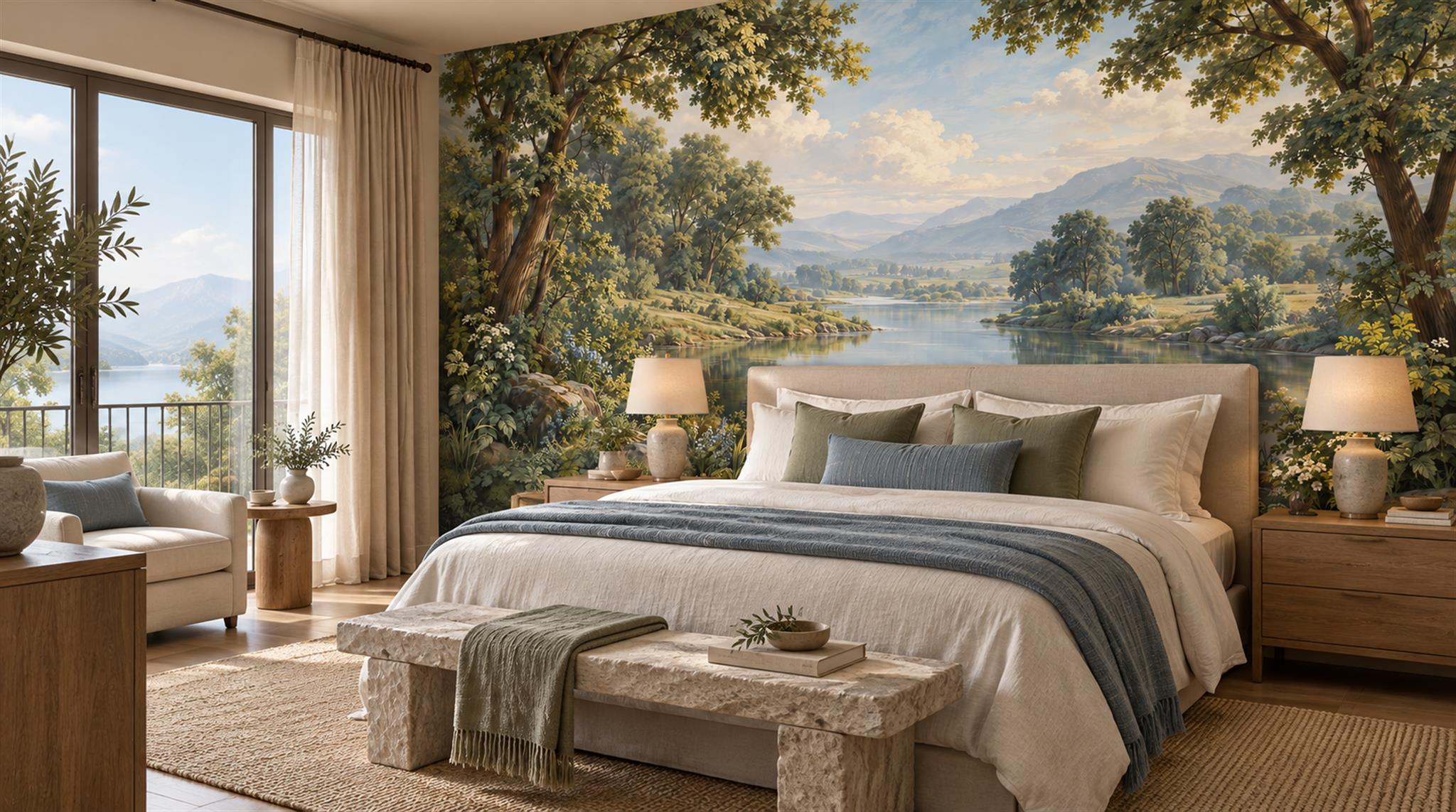 Green And Neutral A Lakeside View Wallpaper Mural Accent-wall-wallpaper-murals, Peel-and-stick Finish