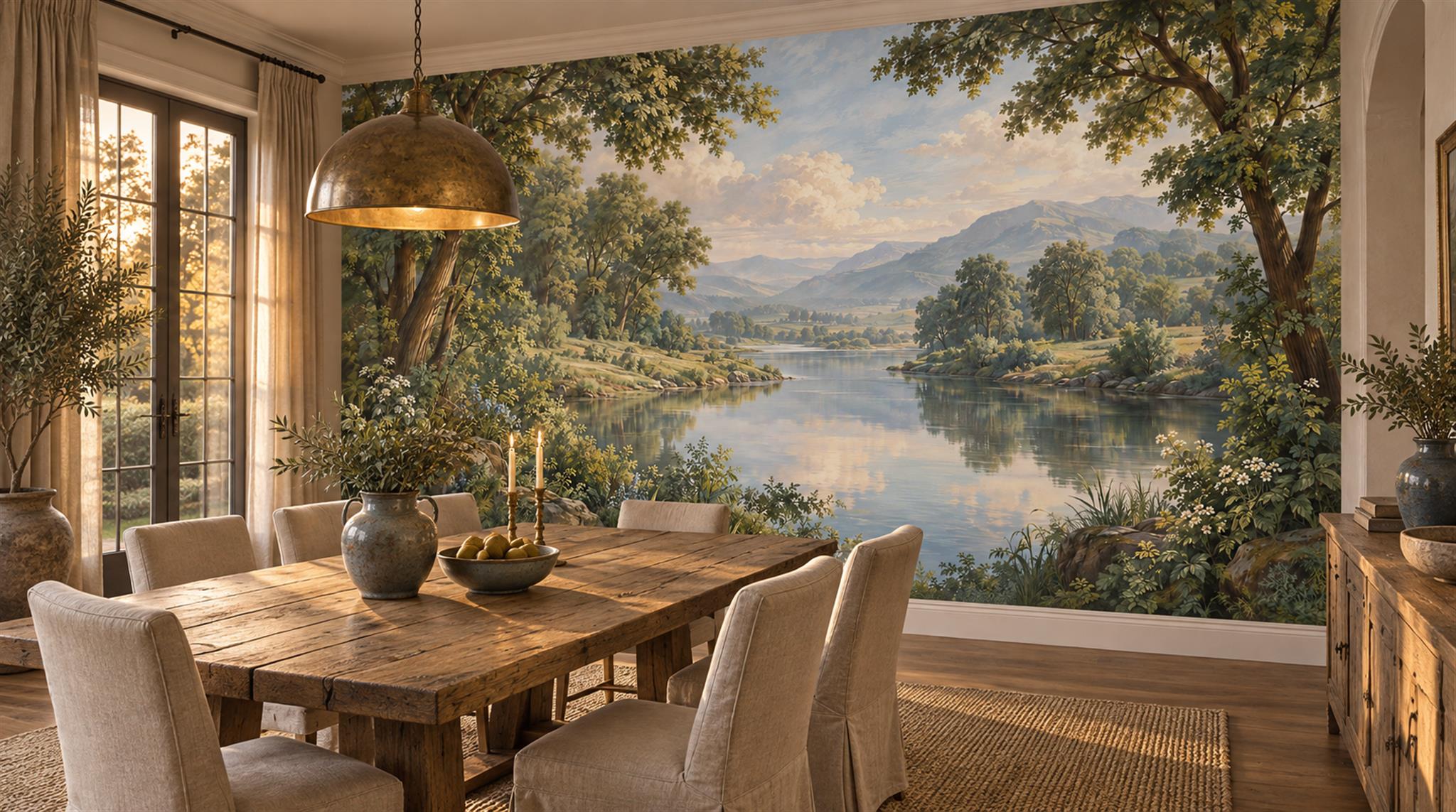 Green And Neutral A Lakeside View Wallpaper Mural Dining-room-wallpaper-murals, Shown In A Dining Room, Peel-and-stick Finish