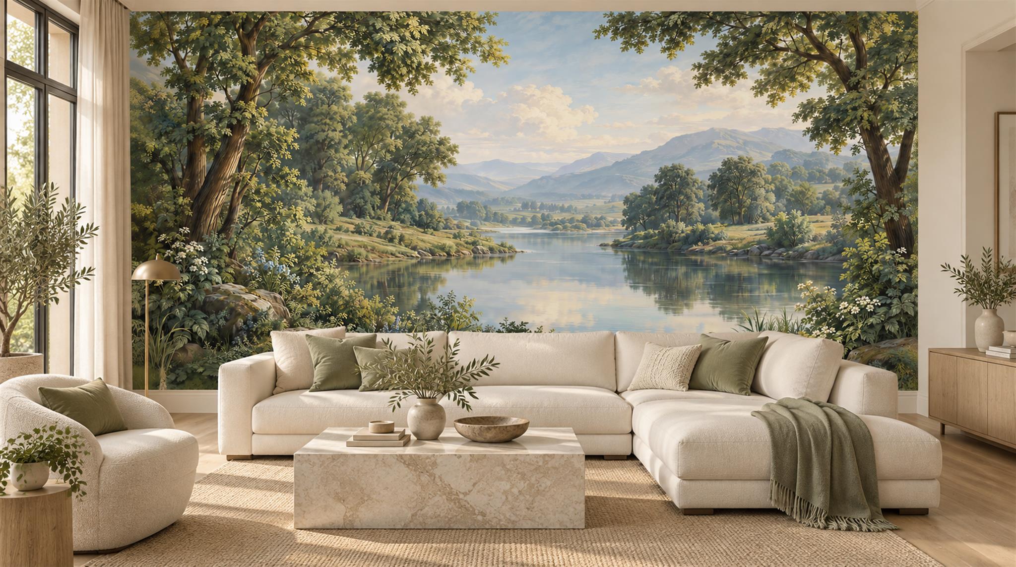 Green And Neutral A Lakeside View Wallpaper Mural Living-room-wallpaper-murals, Shown In A Living Room, Peel-and-stick Finish