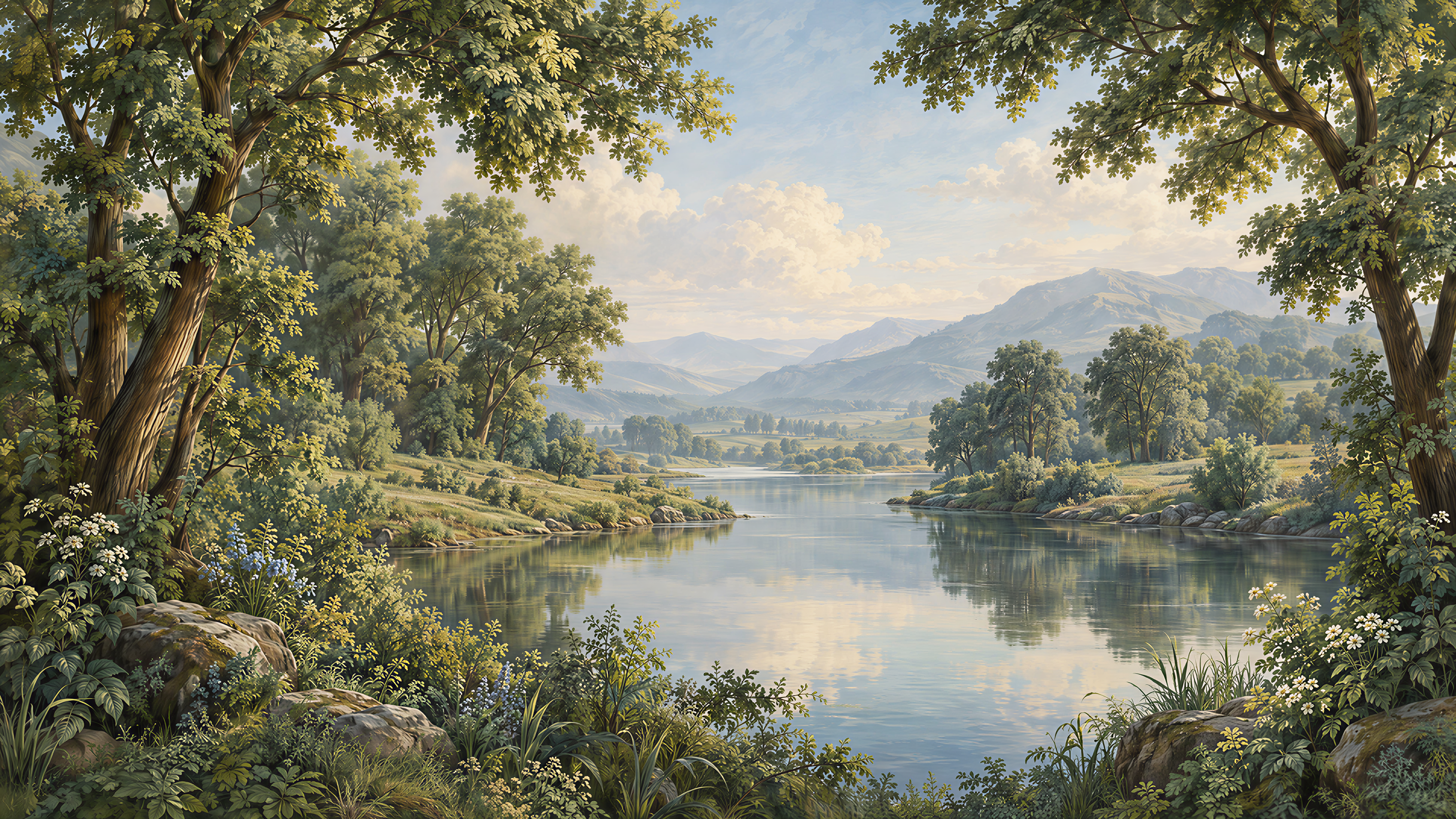 Green And Neutral A Lakeside View Wallpaper Mural Accent-wall-wallpaper-murals, Peel-and-stick Finish