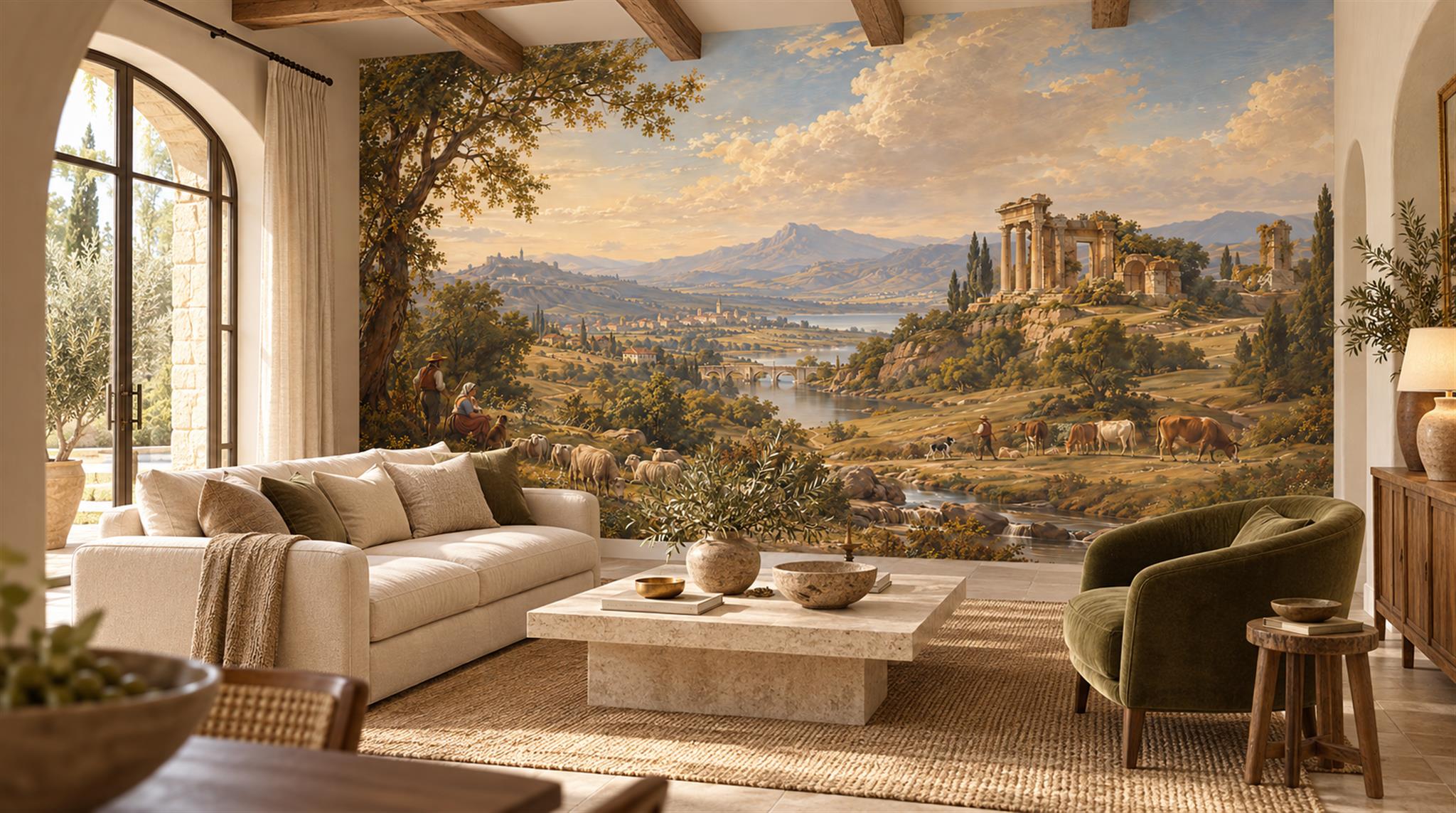 Gold And Neutral A Painterly Scenic View Living-room-wallpaper-murals, Shown In A Living Room, Peel-and-stick Finish