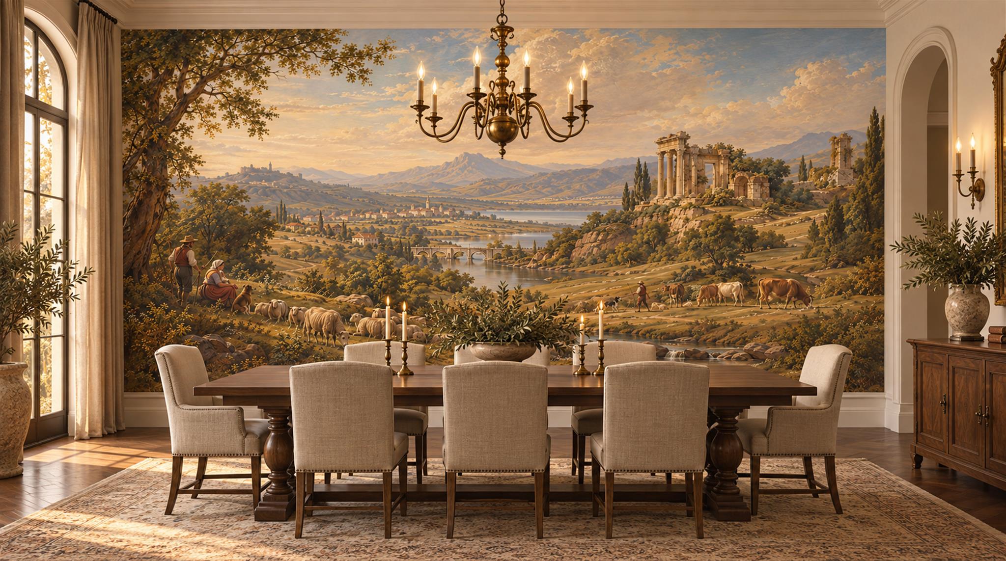 Gold And Neutral A Painterly Scenic View Dining-room-wallpaper-murals, Peel-and-stick Finish