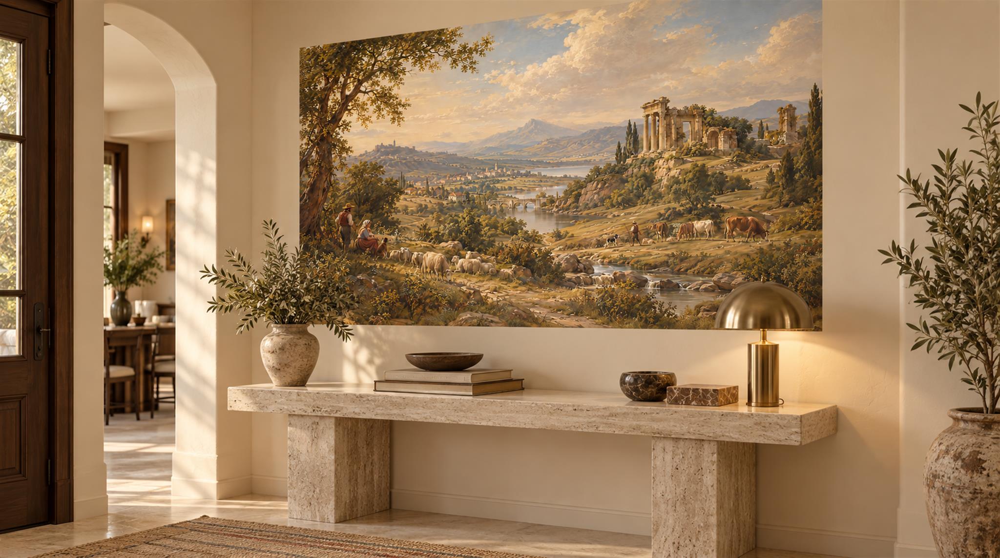 Gold And Neutral A Painterly Scenic View Entryway-wallpaper-murals, Peel-and-stick Finish