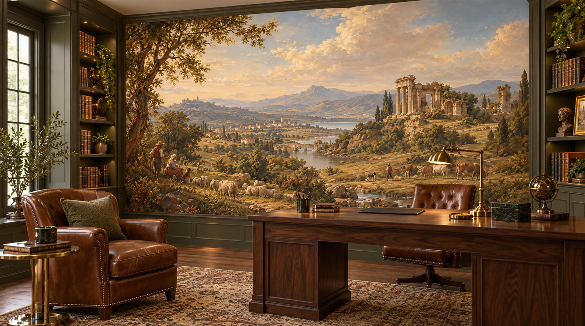 Gold And Neutral A Painterly Scenic View Library-wallpaper-murals, Peel-and-stick Finish