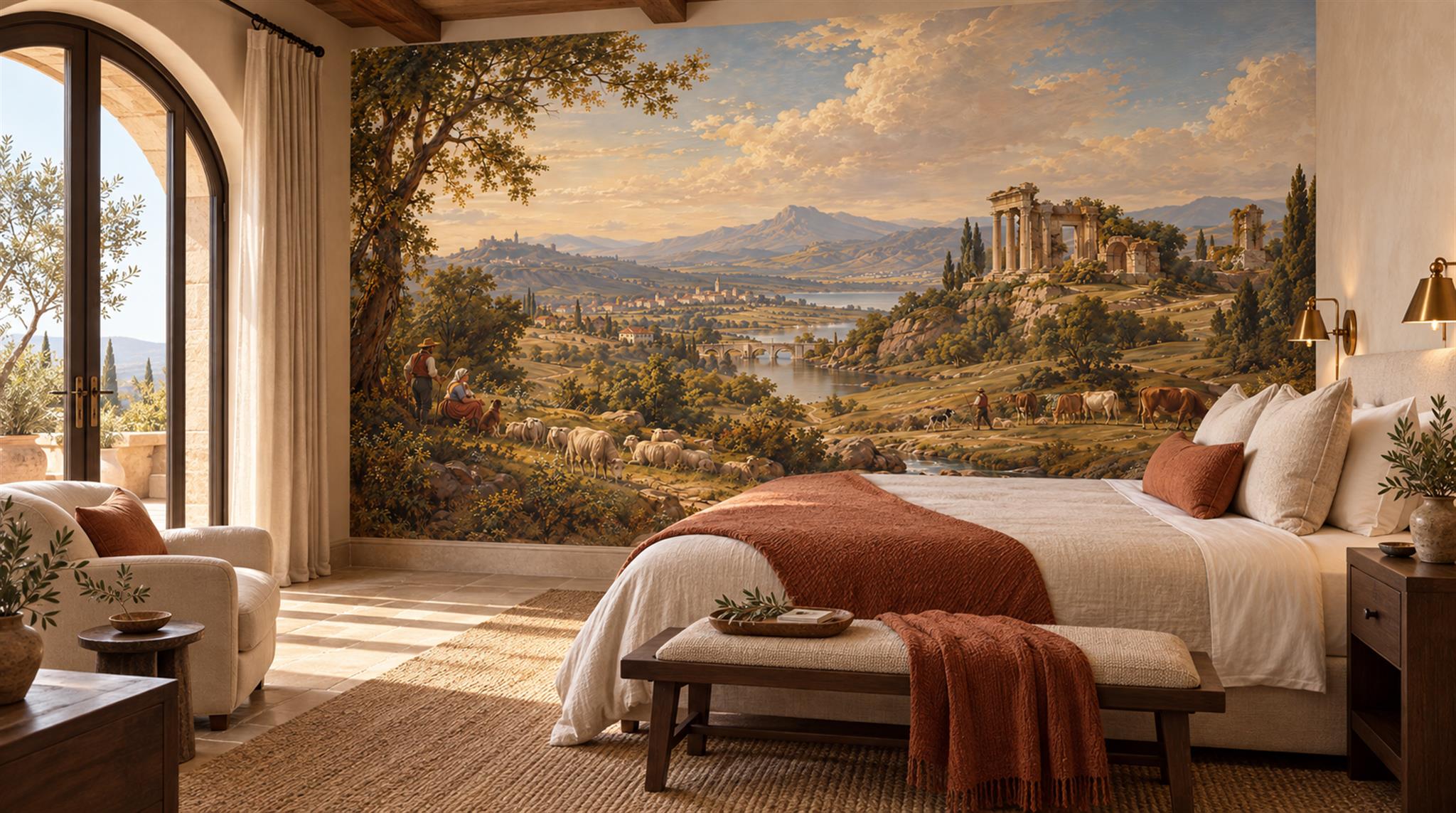 Gold And Neutral A Painterly Scenic View Library-wallpaper-murals, Peel-and-stick Finish