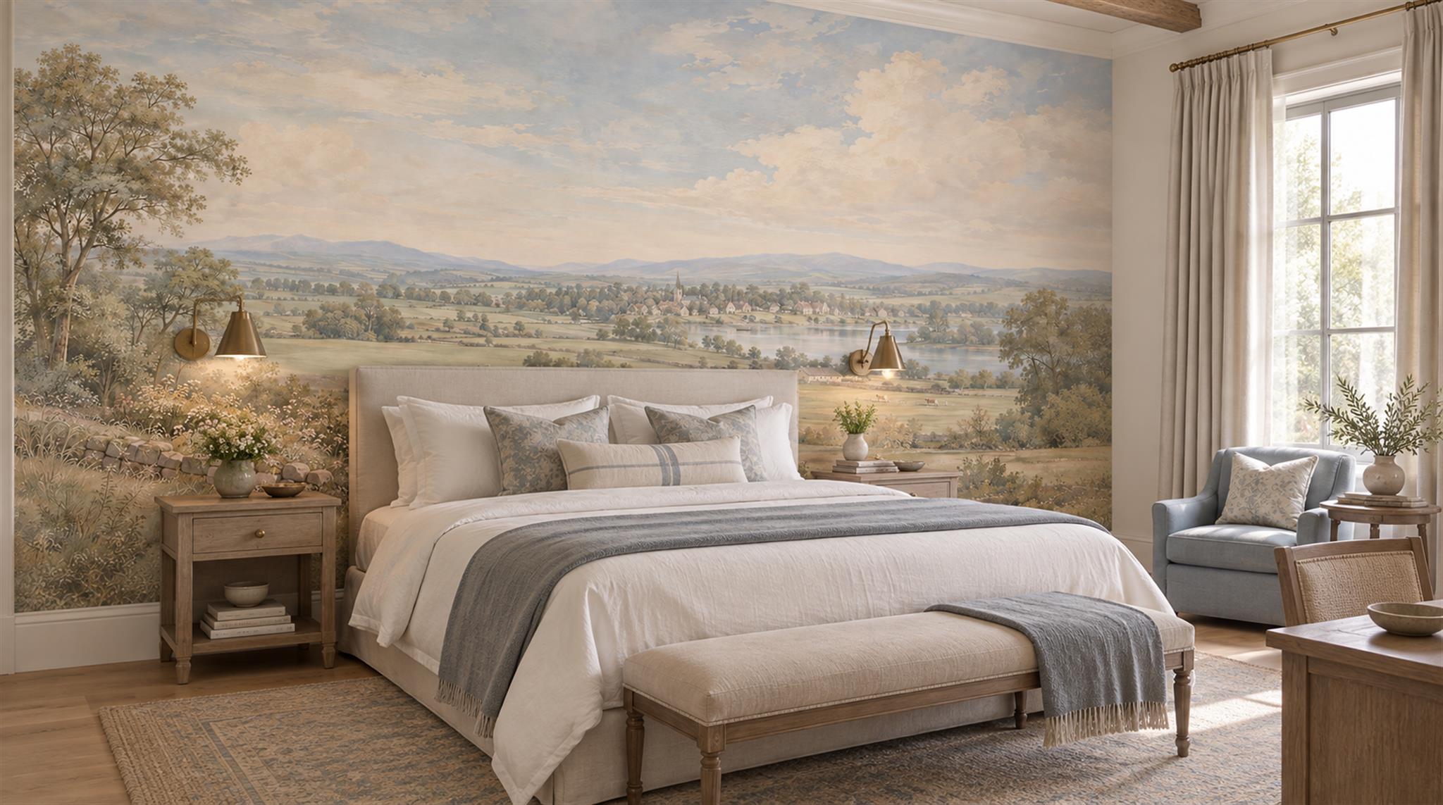 Ivory And Neutral A Painterly Scenic View Layered Wallpaper Accent-wall-wallpaper-murals, Peel-and-stick Finish