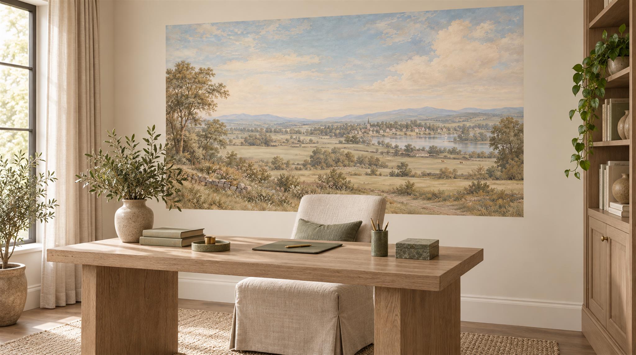 Ivory And Neutral A Painterly Scenic View Layered Wallpaper Office-wallpaper-murals, Shown In A Home Office, Peel-and-stick Finish