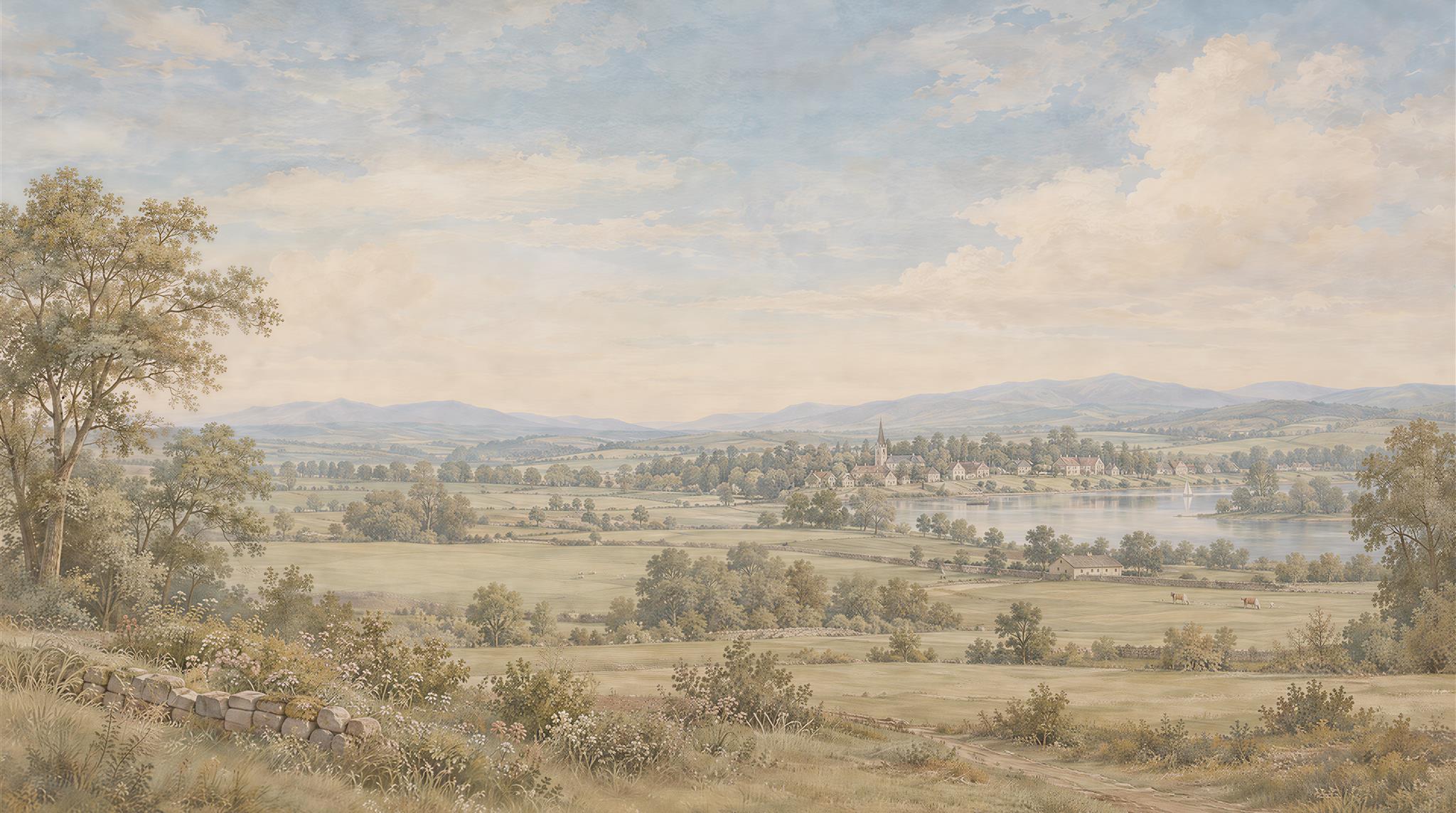 Pastoral Fields And Lakeside Village Beneath Blue Hills Wallpaper Mural — Wallpaper Mural Design, Peel-and-stick Finish