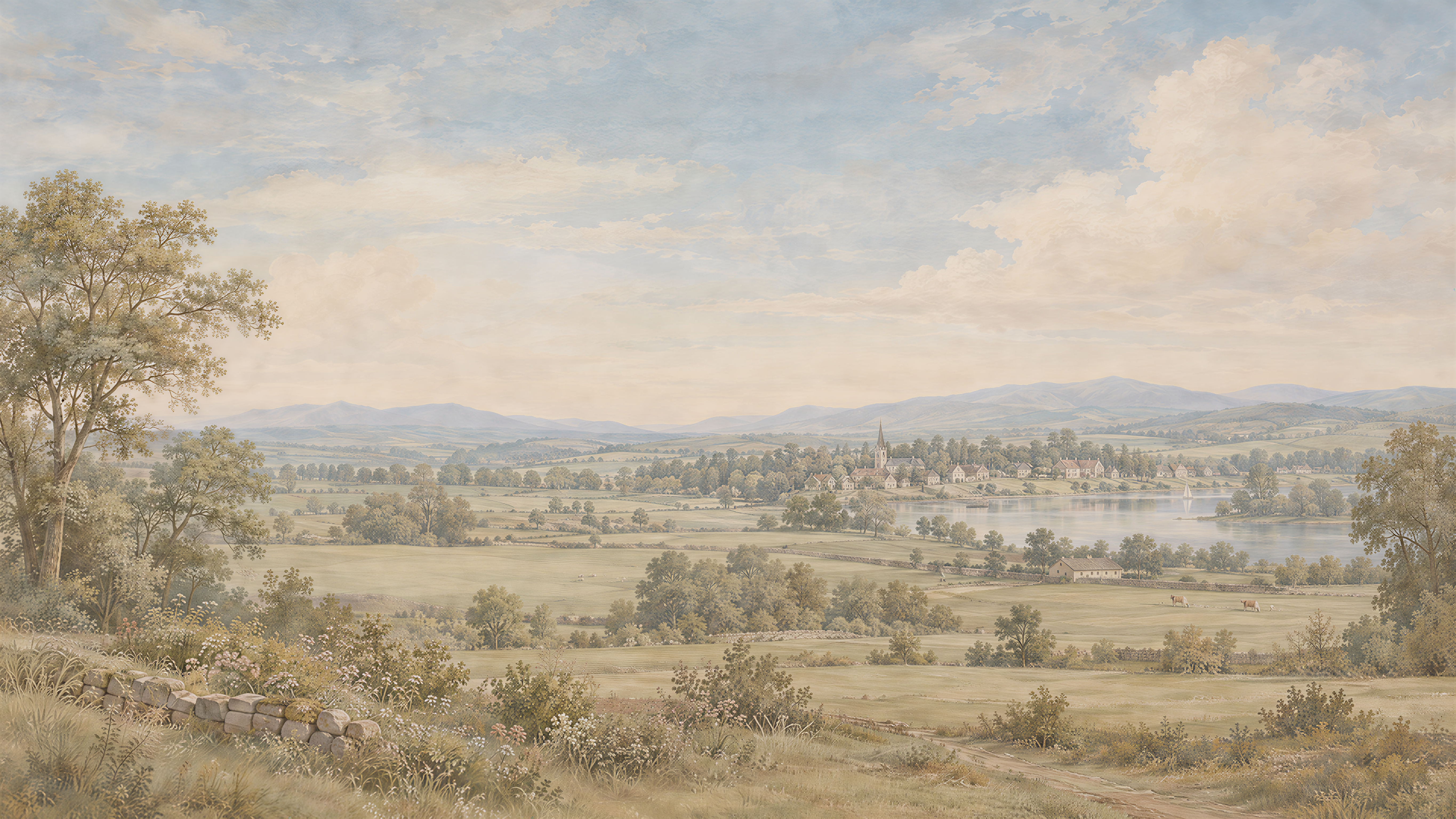 Ivory And Neutral A Painterly Scenic View Layered Wallpaper, Peel-and-stick Finish