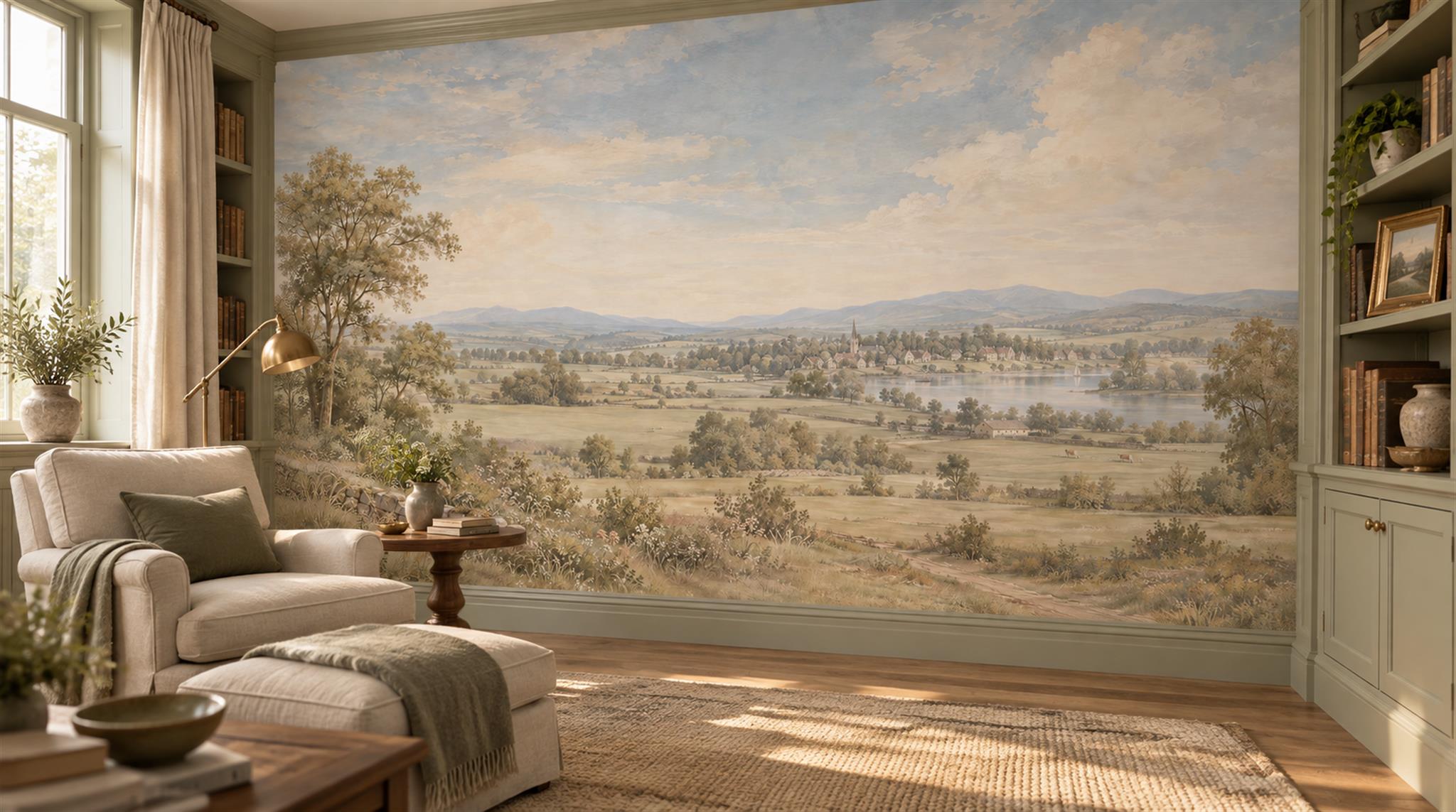 Ivory And Neutral A Painterly Scenic View Layered Wallpaper, Peel-and-stick Finish