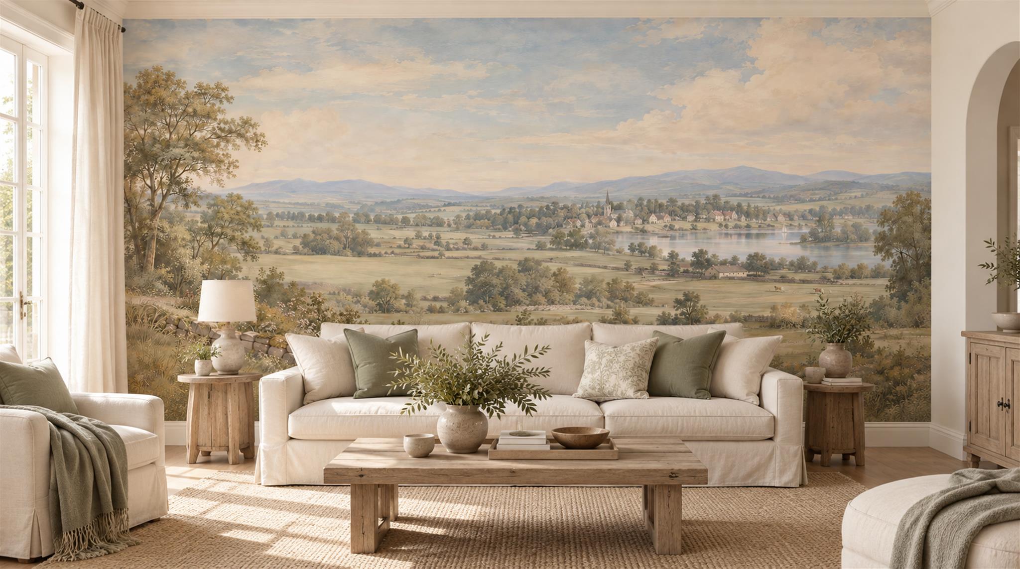 Ivory And Neutral A Painterly Scenic View Layered Wallpaper Living-room-wallpaper-murals, Shown In A Living Room, Peel-and-stick Finish