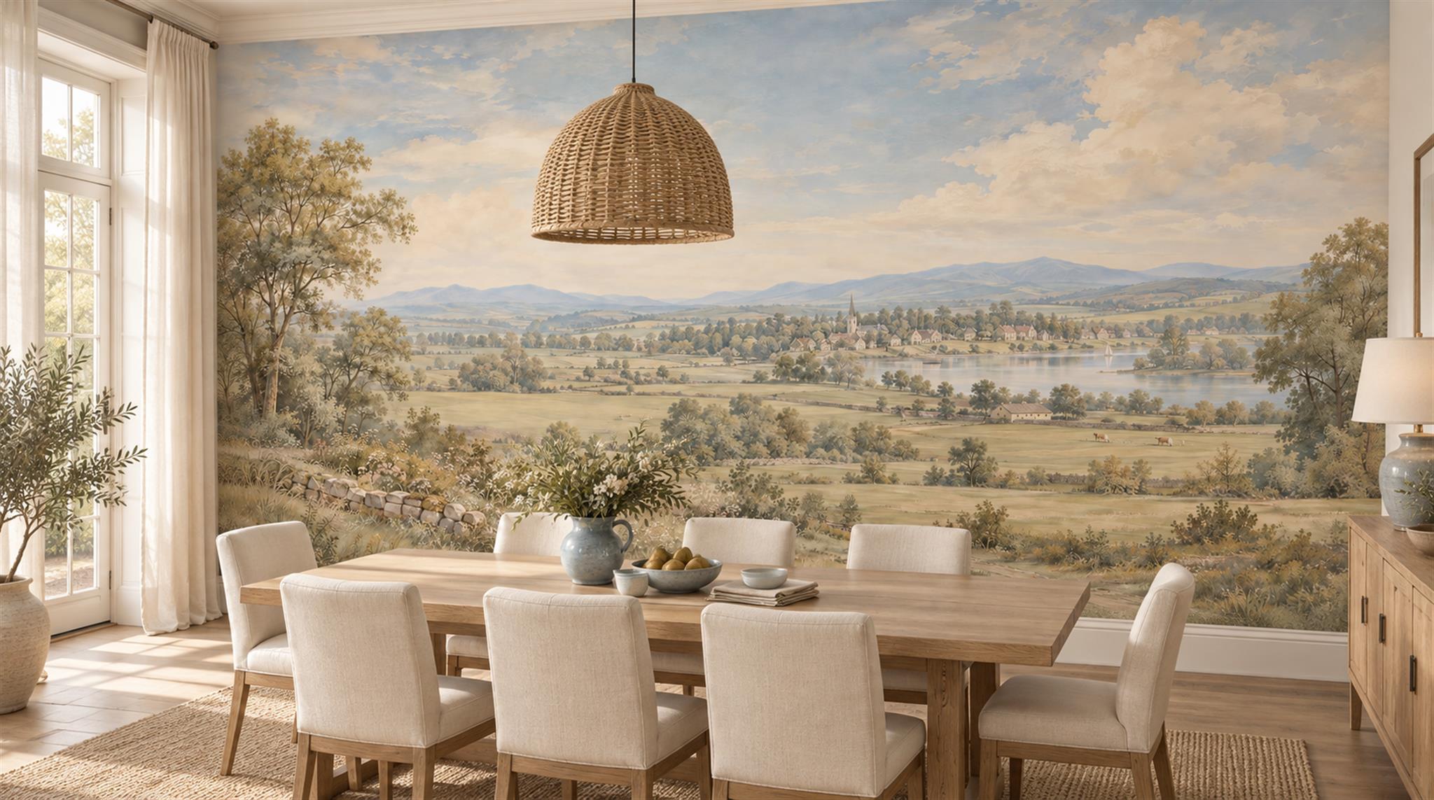 Ivory And Neutral A Painterly Scenic View Layered Wallpaper Dining-room-wallpaper-murals, Shown In A Dining Room, Peel-and-stick Finish