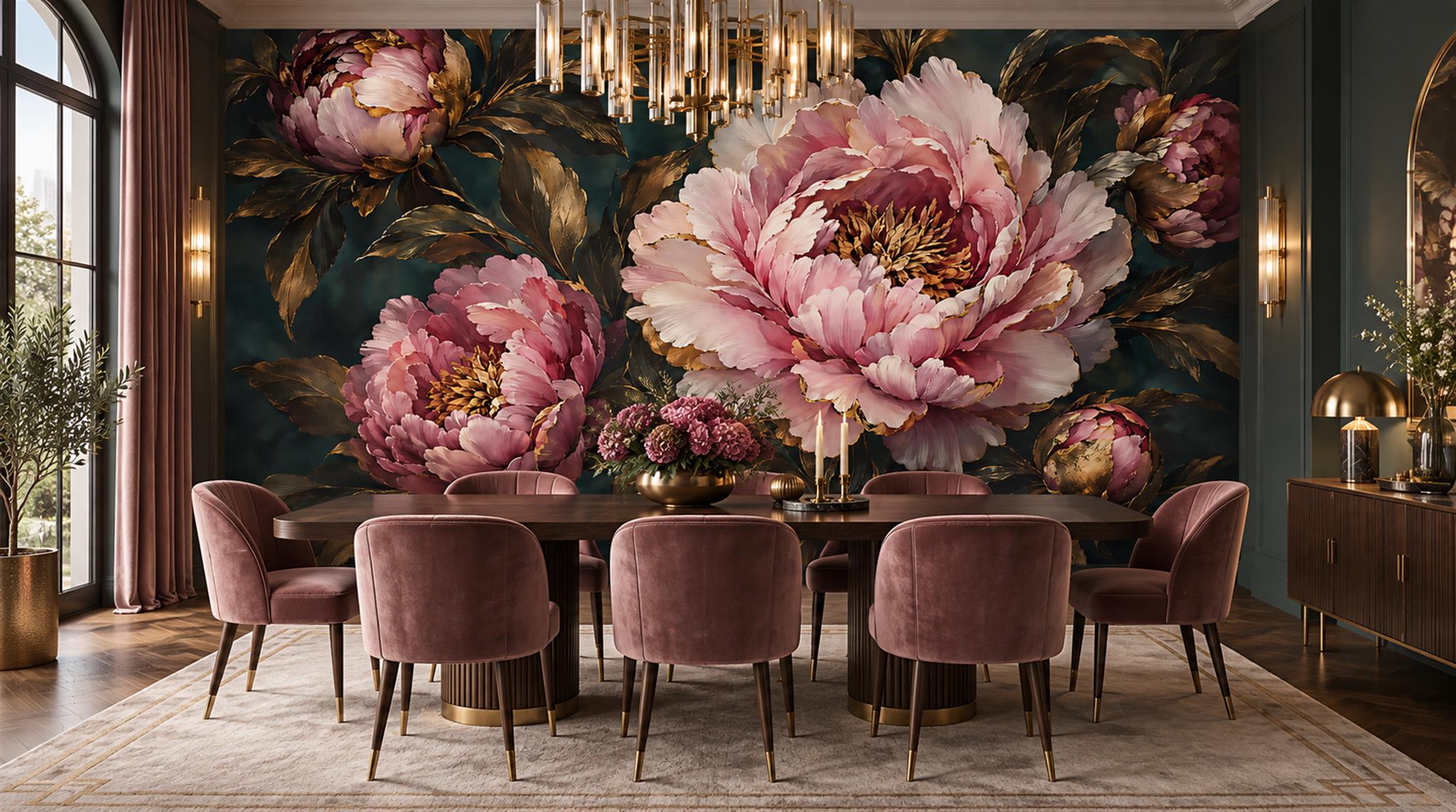 Navy And Neutral Abstract Forms Layered Wallpaper Mural Dining-room-wallpaper-murals, Shown In A Dining Room, Peel-and-stick Finish