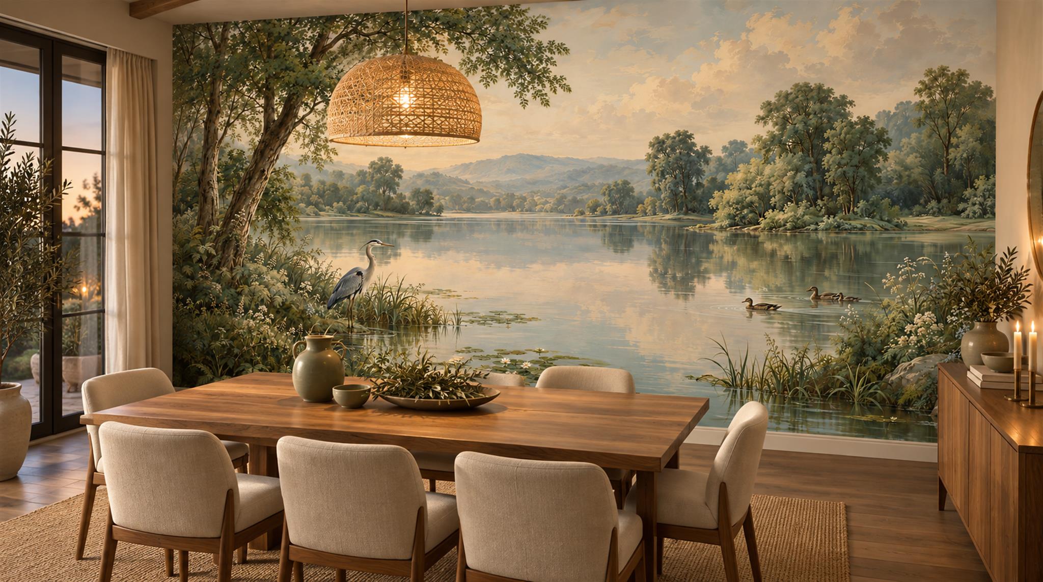 Red And Sage Green A Lakeside View Wallpaper Mural Dining-room-wallpaper-murals, Shown In A Dining Room, Peel-and-stick Finish