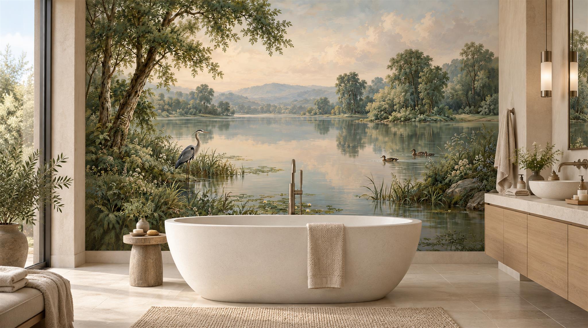 Red And Sage Green A Lakeside View Wallpaper Mural Spa-wallpaper-murals, Peel-and-stick Finish