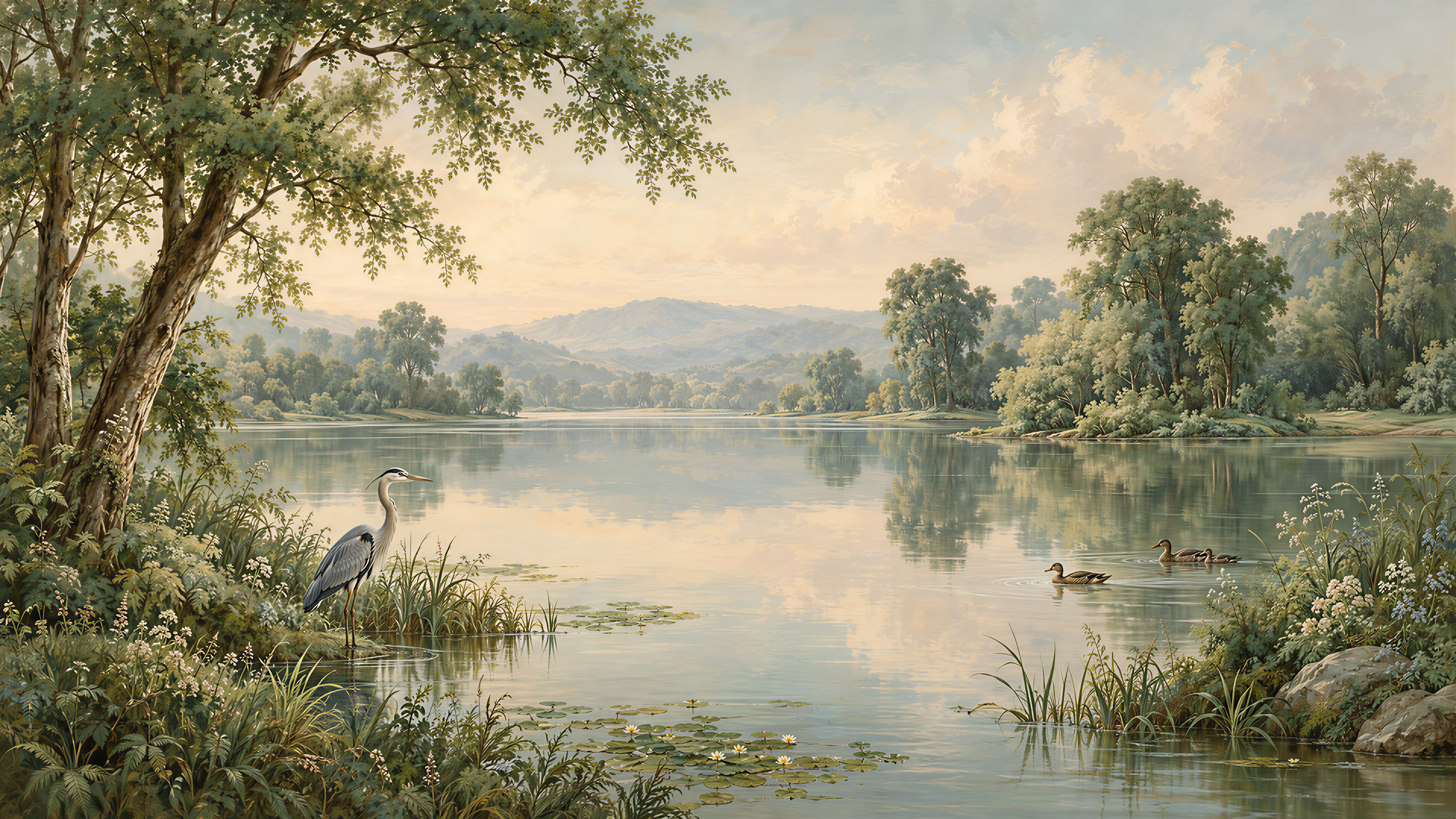 Red And Sage Green A Lakeside View Wallpaper Mural, Peel-and-stick Finish