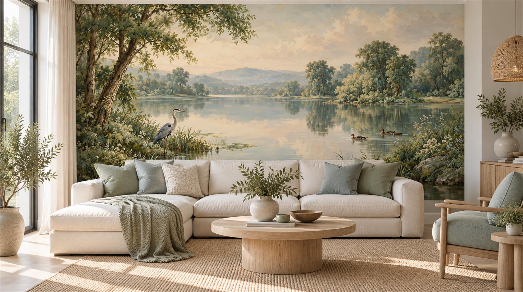 Red And Sage Green A Lakeside View Wallpaper Mural Living-room-wallpaper-murals, Shown In A Living Room, Peel-and-stick Finish