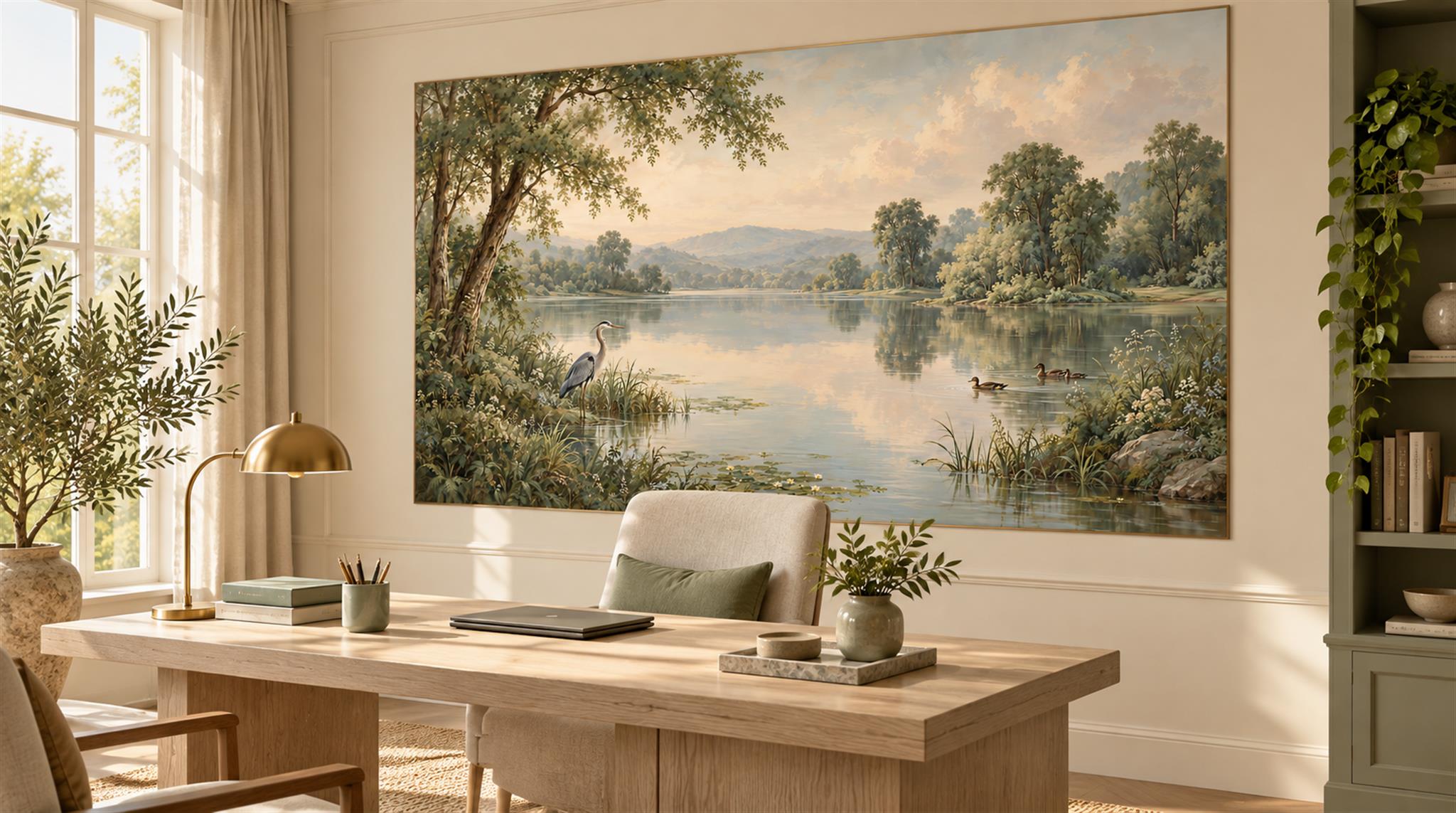 Red And Sage Green A Lakeside View Wallpaper Mural Office-wallpaper-murals, Shown In A Home Office, Peel-and-stick Finish